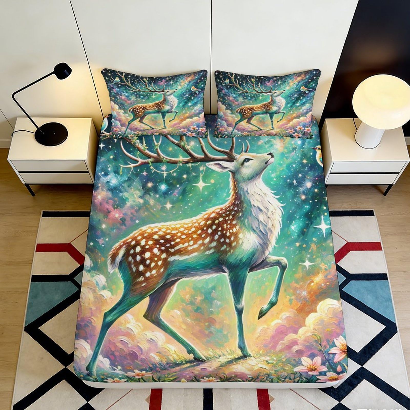 3D Printed Deer Starry Fitted Sheet Microfiber Soft Durable Cosmic Nebula Bed Sheet for Bedroom Dorm Dormitory Guest Room Mattress Protection 160x200x25cm
