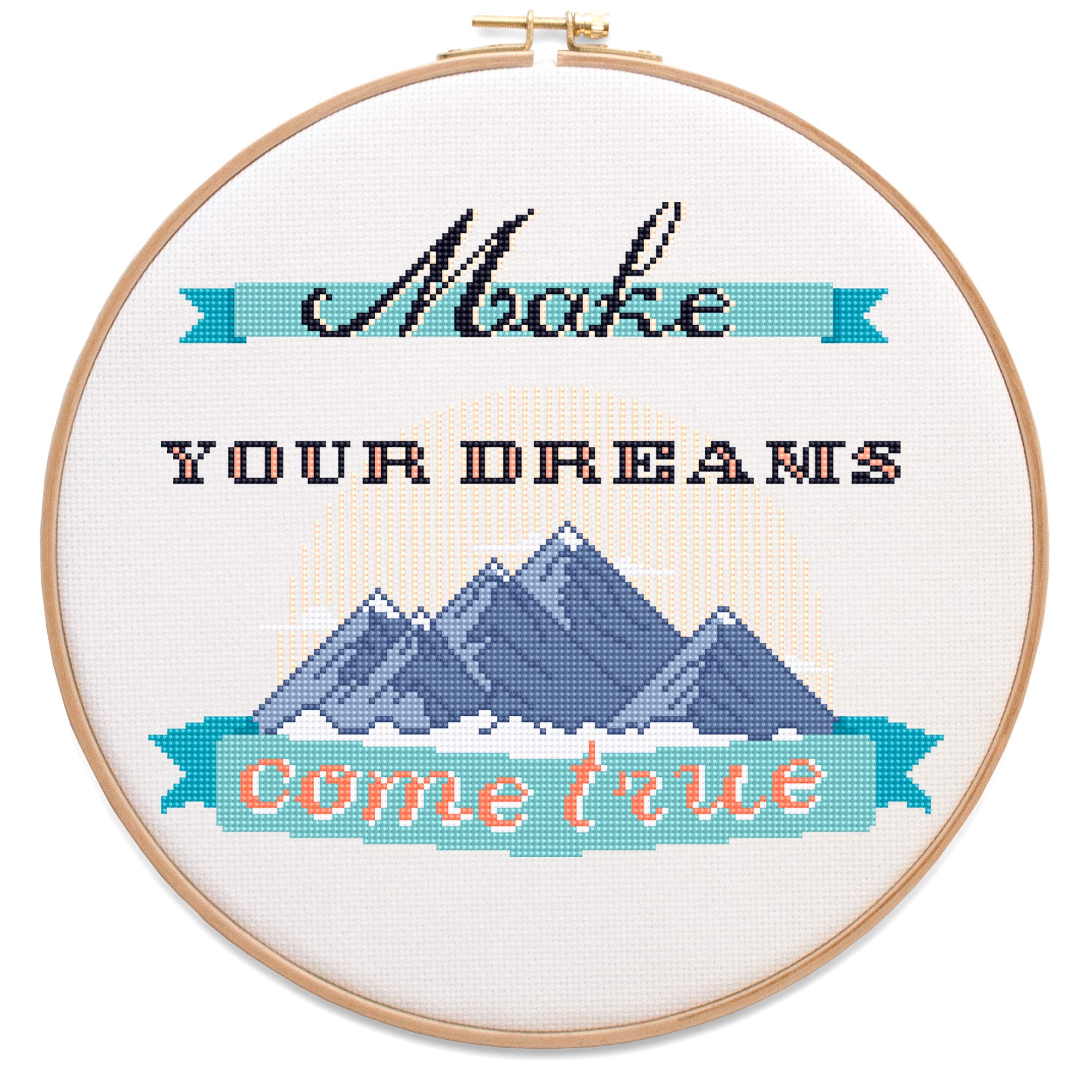 Mountains Cross Stitch Kit, 14 Count White Aida, 9.3 x 7.7", 11 Colors