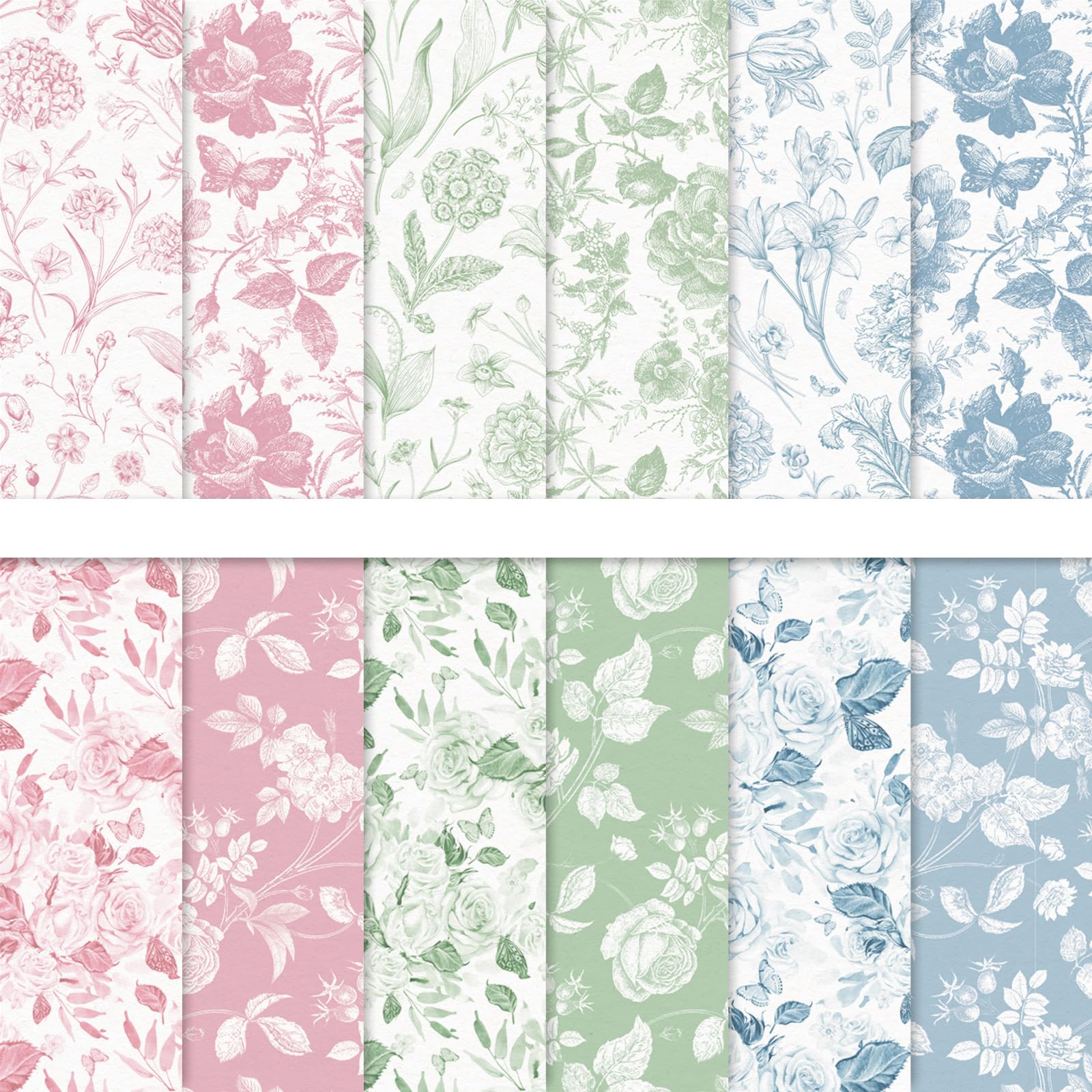 Whaline 60 Sheets Floral Pattern Paper Pink Green Blue Flower Leaves Scrapbook Specialty Paper Double Sided for DIY Crafts Card Making Photo Album