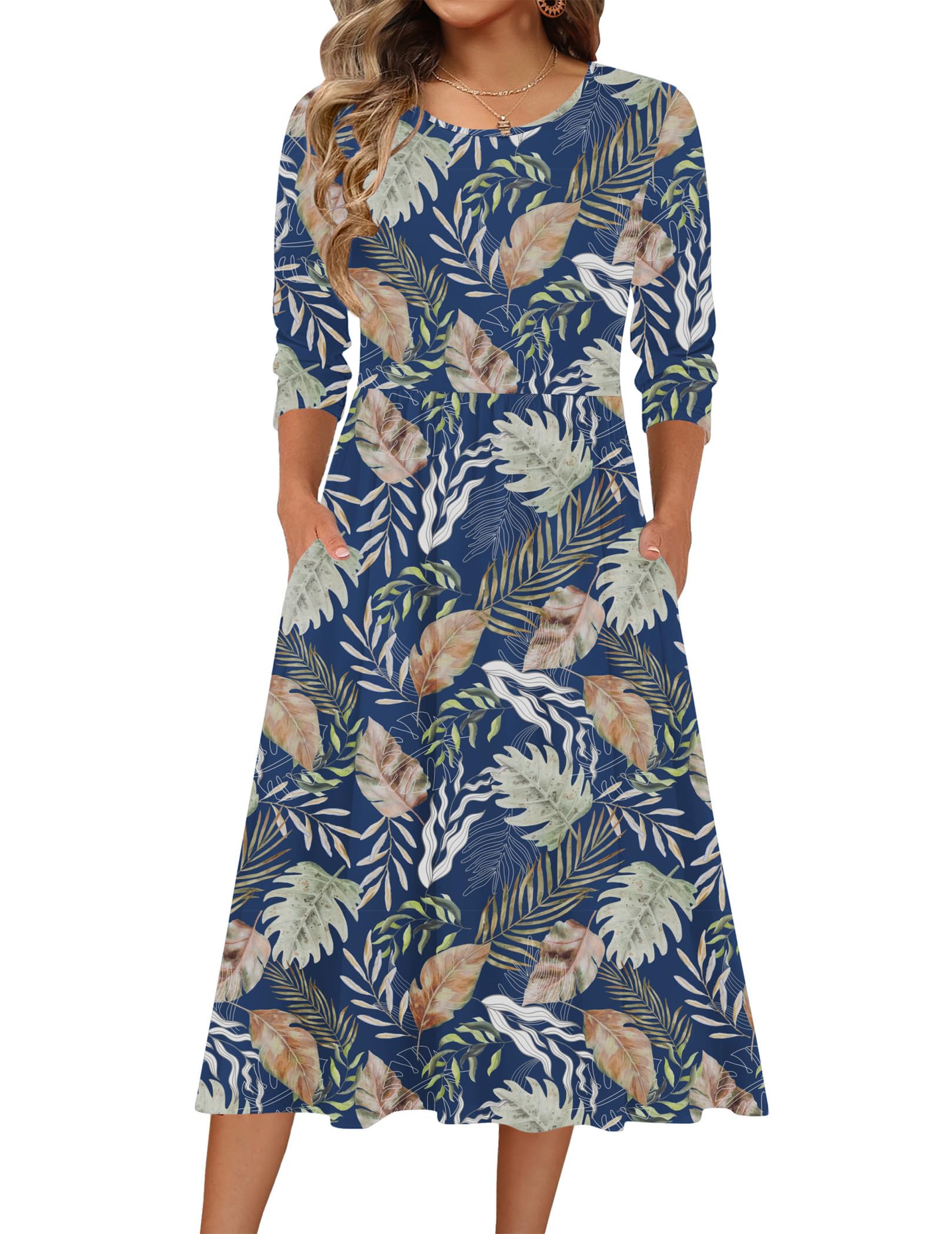 Zeagoo 3/4 Sleeve Women's Dress Casual Aline Summer Fall Midi Long Dresses | Dress With Pocket,Solid Color,Boho Floral,Early Fall Fashion 2026,High Waist Stretch,Loose Swing,Everday,Work,Party