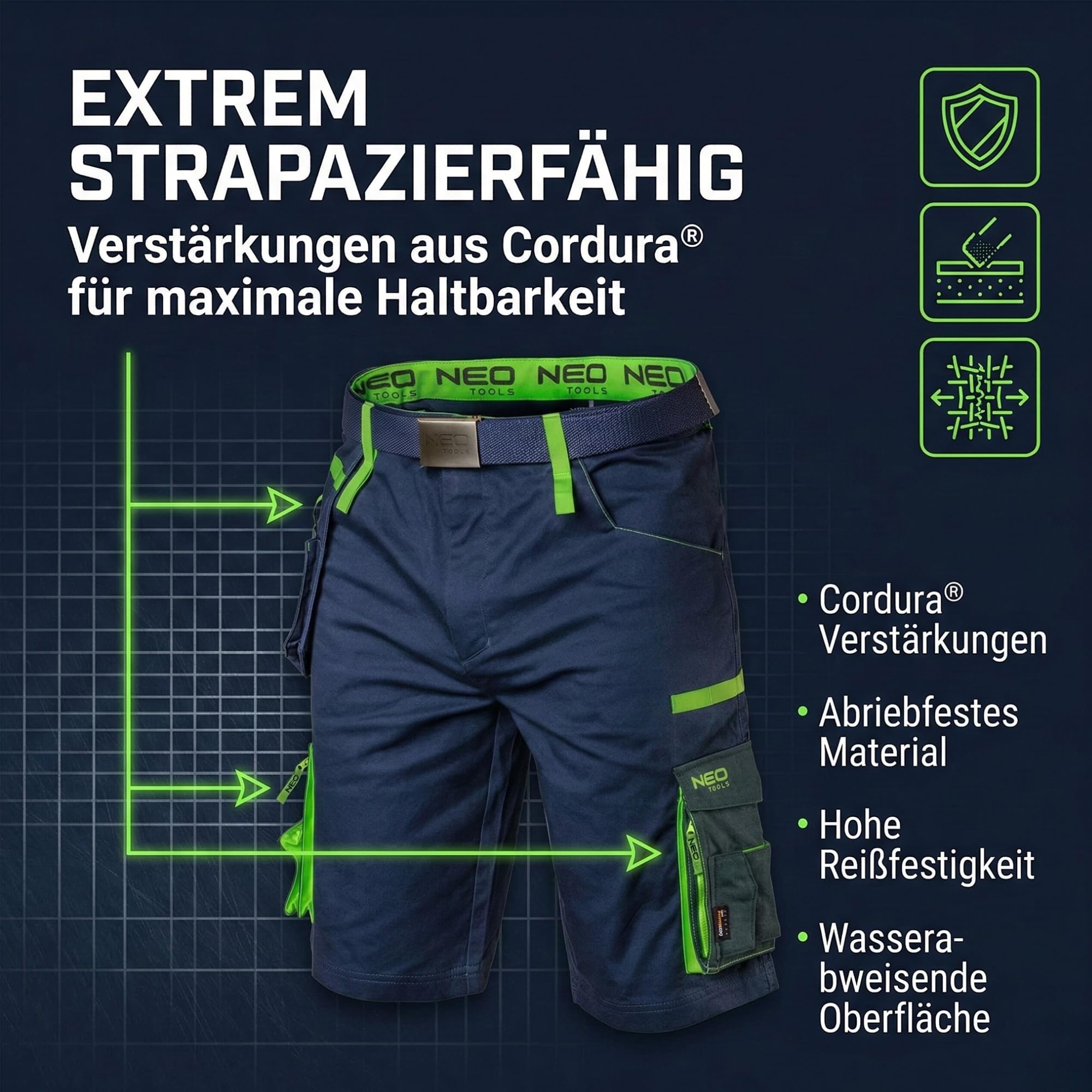 NEO TOOLS Herren Premium Kurze Arbeitshose mit Hosengürtel oder Komplett Sommer-Arbeitskleidungsset Set - Gr. XS - 3XL | Modisches Design, mit Cordura Verstärkt, Multifunktionstaschene