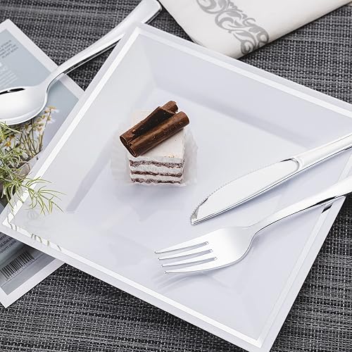 Miniatura 5 de N9R Juego de cubiertos de plástico de 200 piezas, cucharas y tenedores resistentes, cubiertos de plástico plateado, incluye 100 tenedores, 50