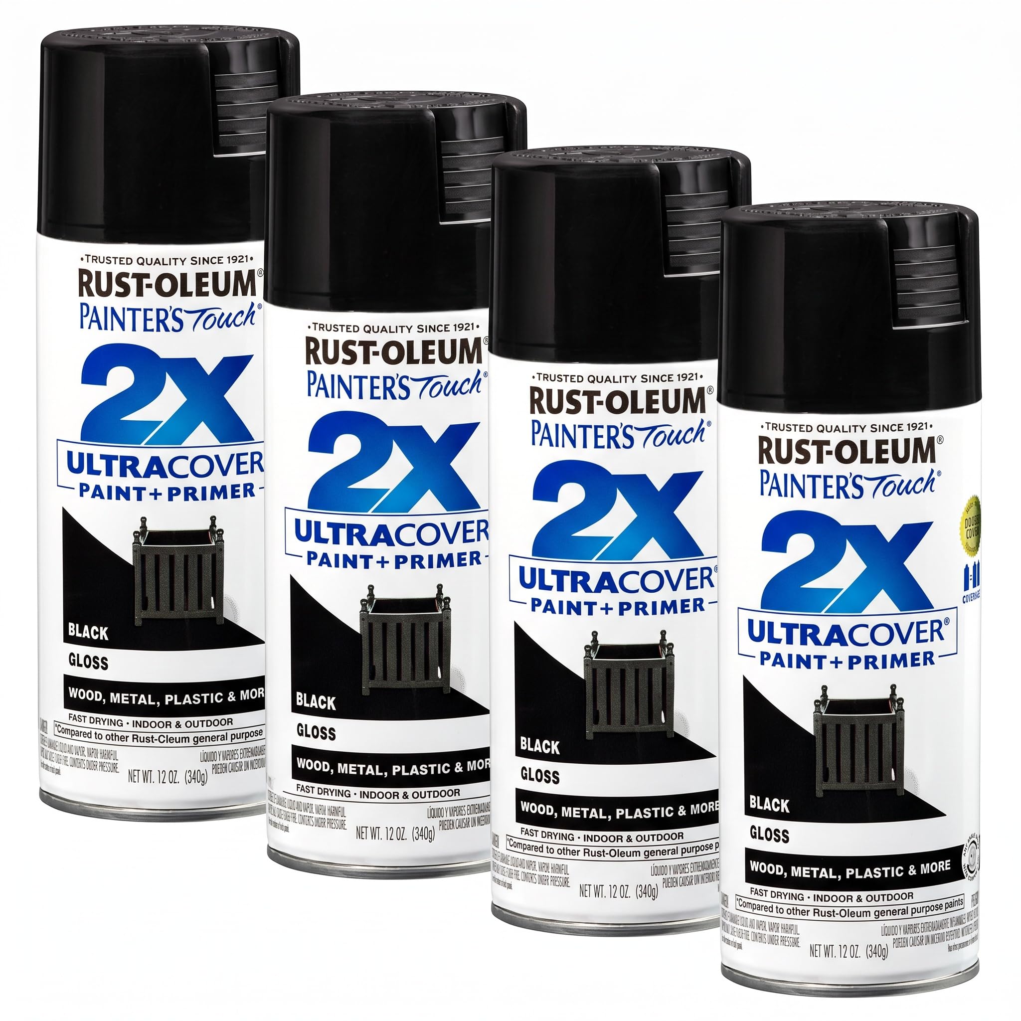 Rust-Oleum 334026 Painter's Touch 2X Ultra Cover Spray Paint, 12 oz, Gloss Black (Pack of 4)