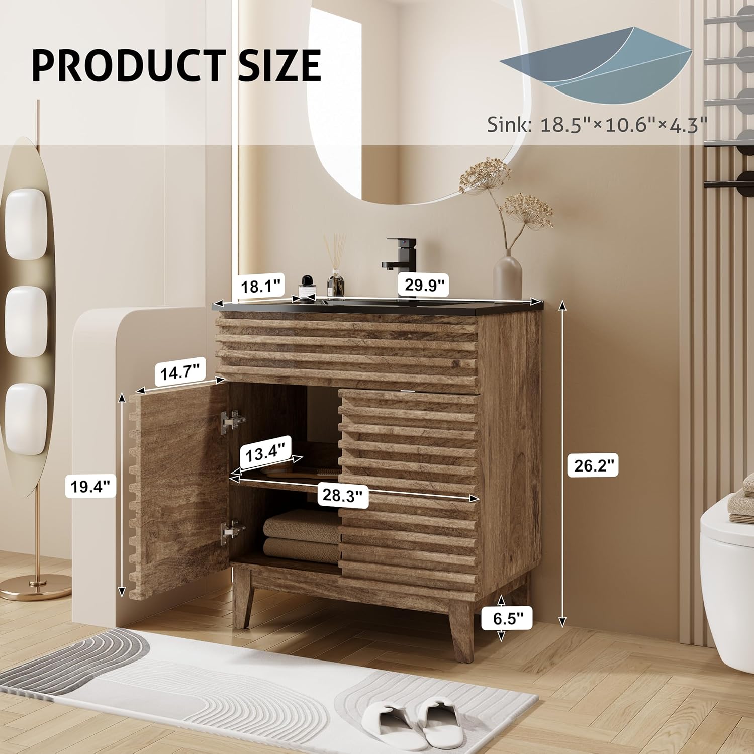 eclife 30" Bathroom Vanity with Sink Combo, Mid-Century Freestanding Storage Cabinet with 3-Tier Adjutsable Shelf, Include Undermount Black Single Sink Faucet, Drain, Light Walnut