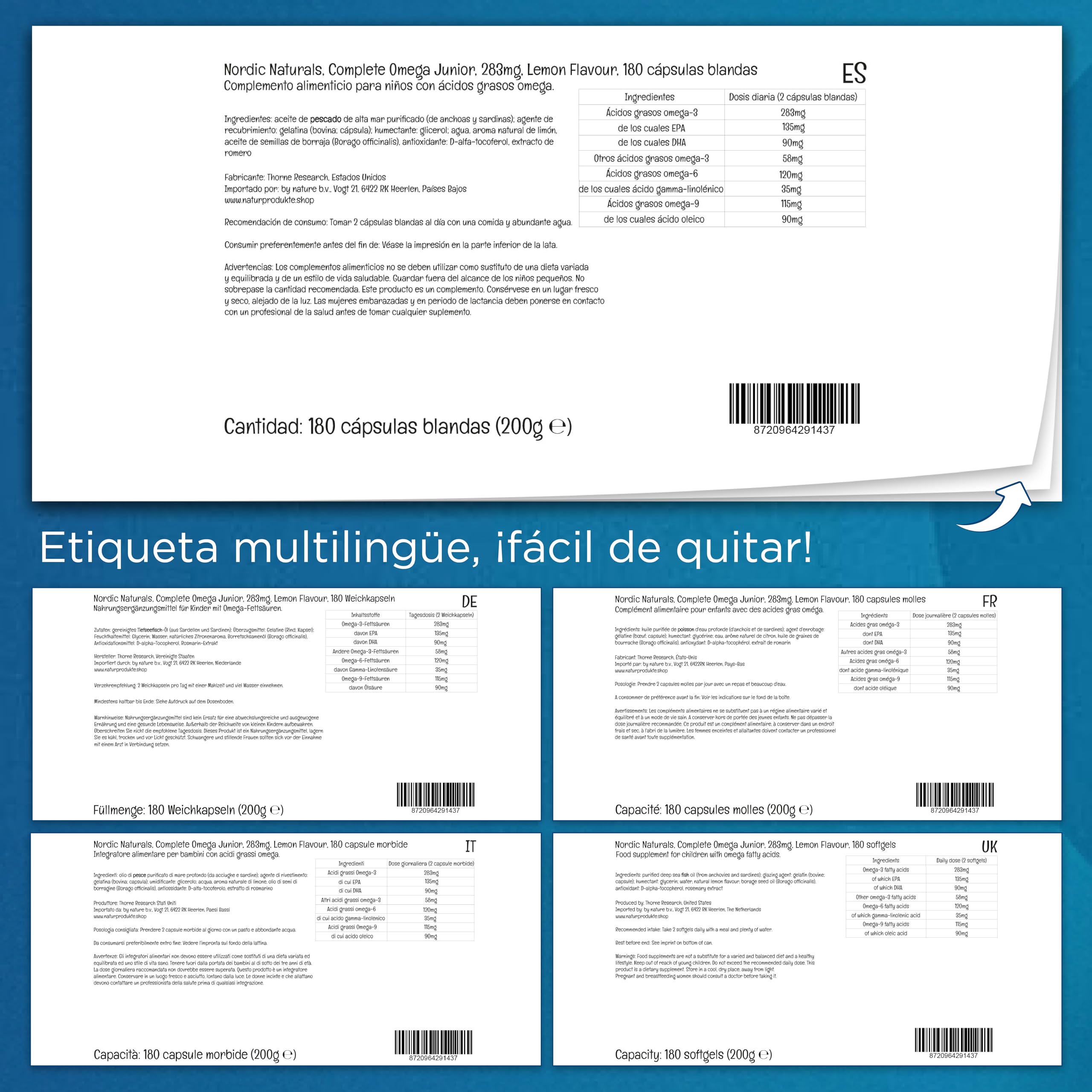 Nordic Naturals, Complete Omega-3 JR, 283mg Omega-3, para Niños, Sabor Limón, con EPA y DHA, 180 Cápsulas blandas, Testado en Laboratorio, Sin Soja, Sin Gluten, No GMO