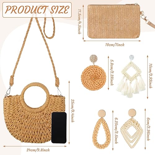Miniatura 5 de Sweetude Bolso de mano de paja para mujer, juego de aretes de ratán, bolsa de paja de verano, playa, bolso bohemio, cartera tejida para vacaciones