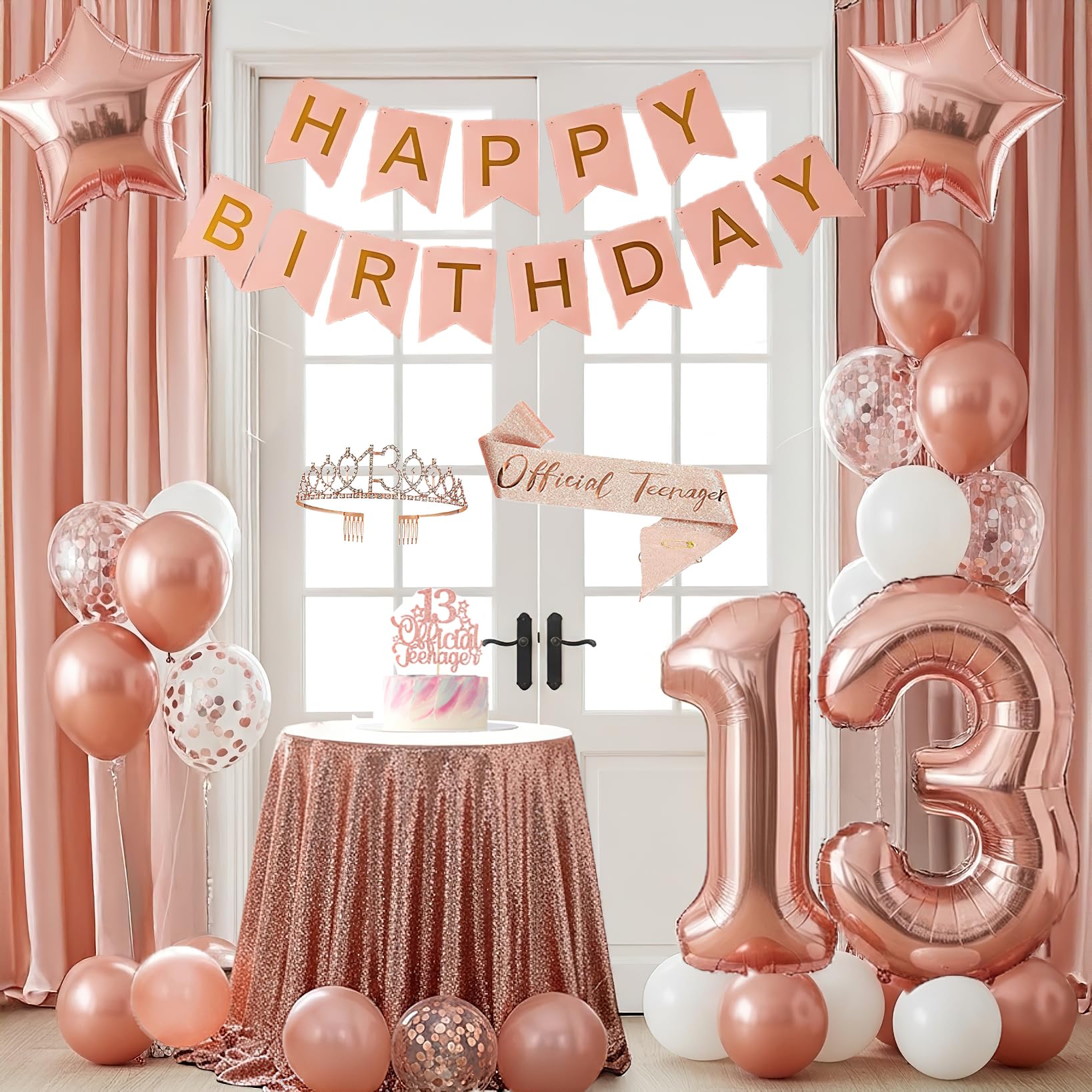 13TH Birthday Decorations For Girls Rose Gold White Balloons with Teenager Cake Topper 13 Balloon numbers Crown Sash For OFFICIAL TEENAGER Party