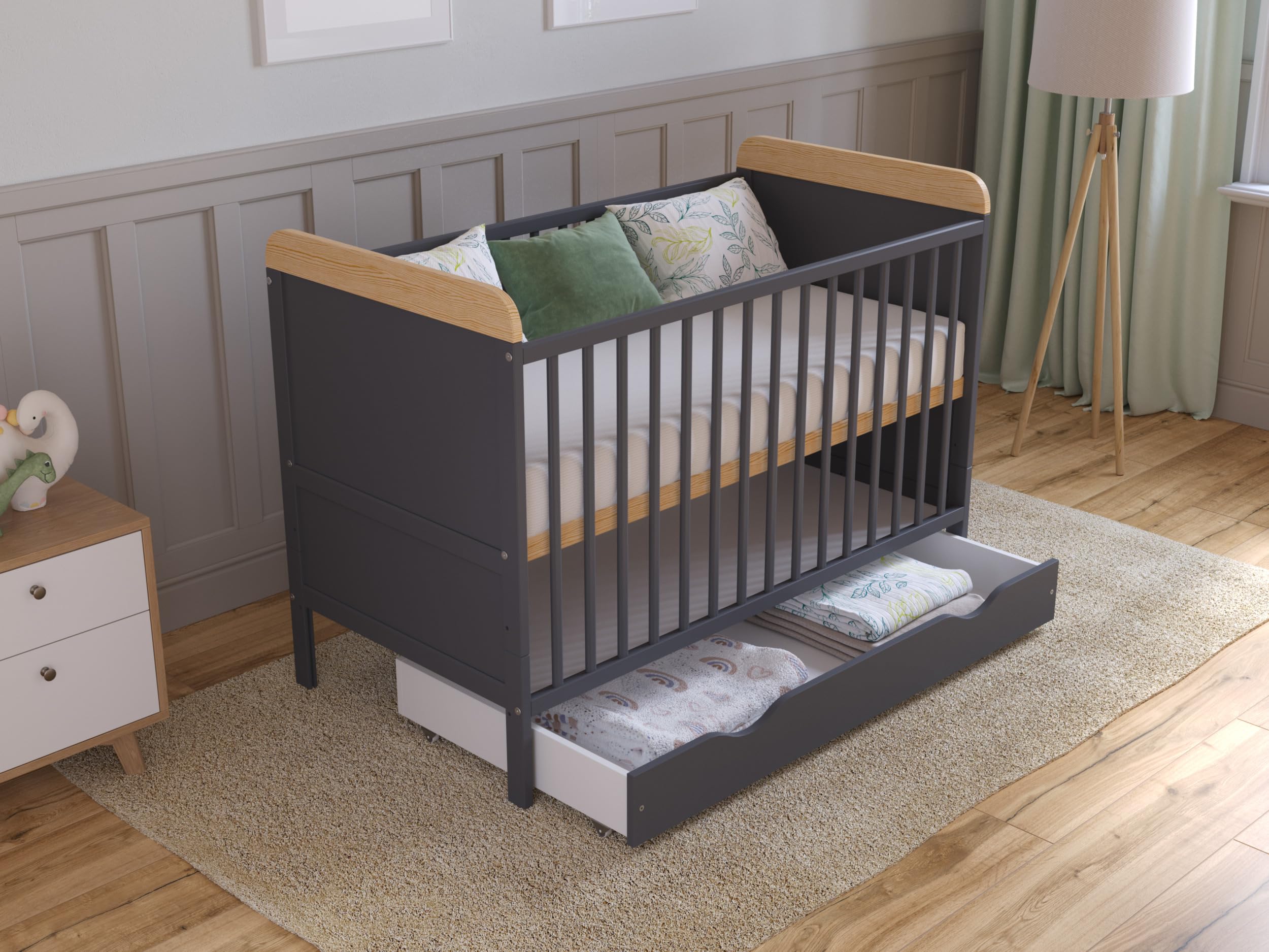 Love For Sleep Culla Neonato Con Materasso & Cassetto 120x60 cm Antracite-Pino - Culla Neonato Legno Con Ruote, Lettino Neonato Legno Completo - Lettino Bambino 0-3 Anni, Culla Lettino Neonato