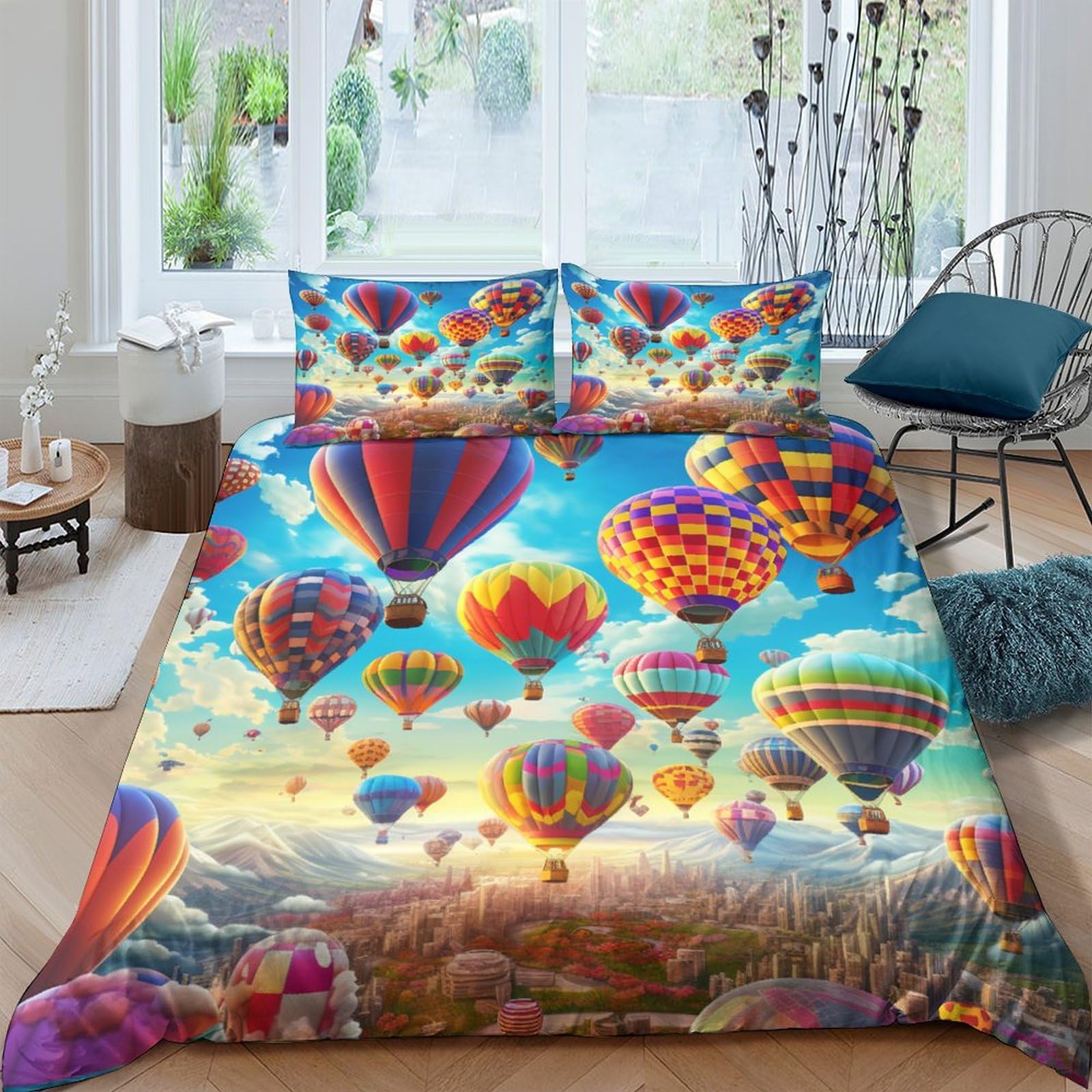 Housse de couette montgolfière 3D 3 pièces 200x200cm pour lit double avec taies d'oreiller