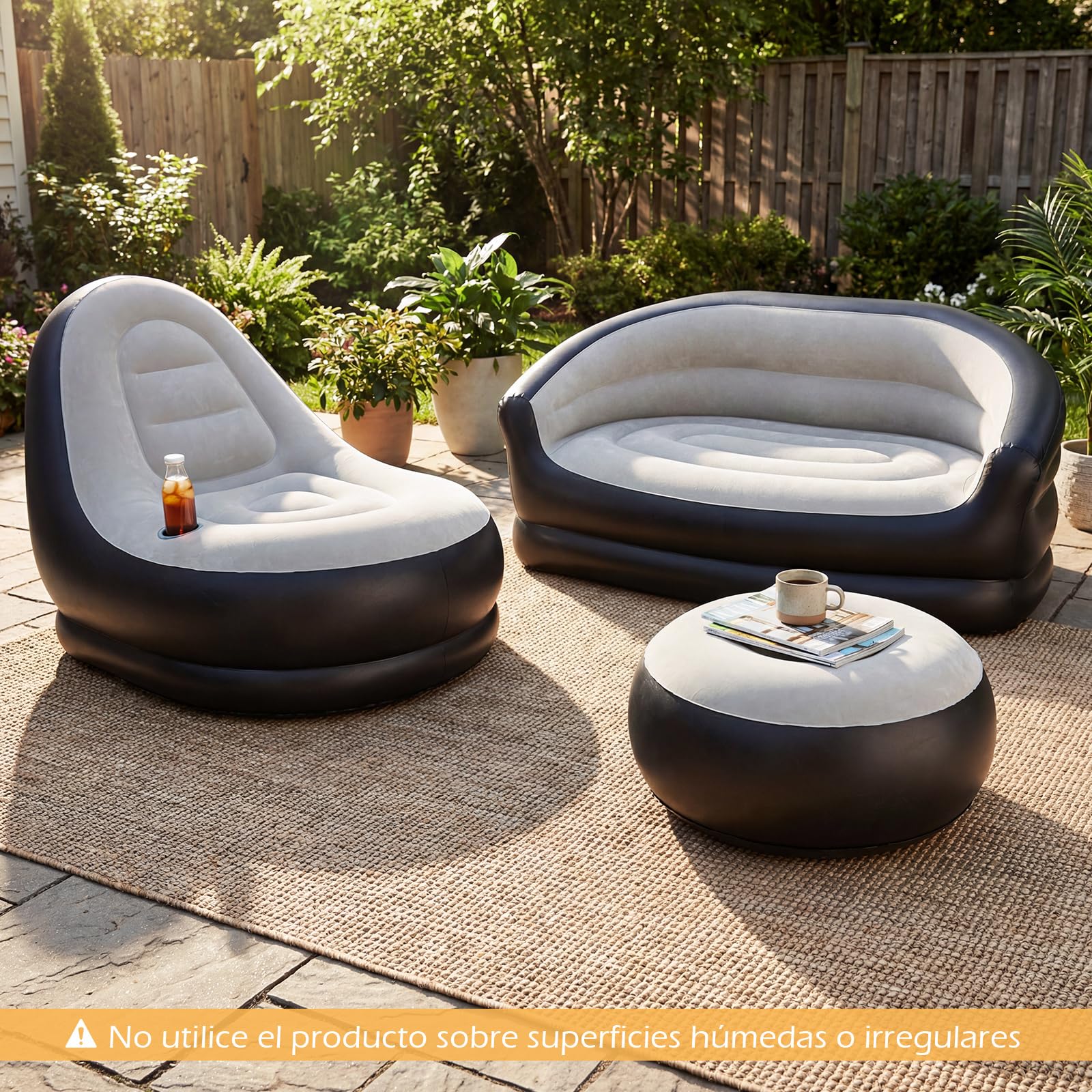 COSTWAY Conjunto Sofás Hinchables, 1 Sofá de 2 Plazas + 1 Sofá con Otomana, Sofás Portátiles para Adultos con Superficie Flocada, Sillones Inflables para Exterior Interior Camping Viajes,Sin Bomba