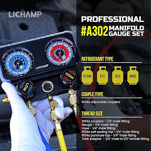 Miniatura 4 de Lichamp Medidores de CA, conjunto de manómetros de aire acondicionado para R134a R22 R12 R502 y bomba de vacío, bomba de vacío de una sola etapa