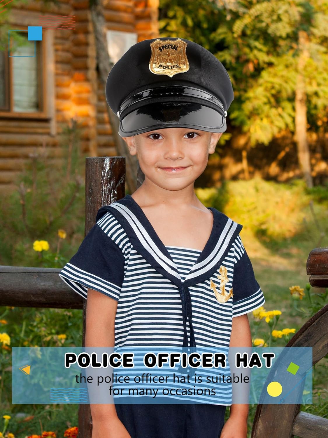 8 Pack Kids Police Hat Black Policeman Cop Hat Police Officer Hat for Boys Girls Halloween Party Costume Accessories