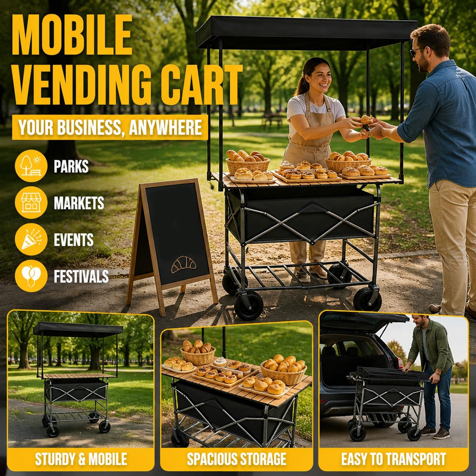 HARELA Carro de Venta Ambulante, Genérico Puesto De Mercado con Toldo, Carrito De Comida Móvil para Puestos Callejeros, Ferias De Artesanía(Black B)