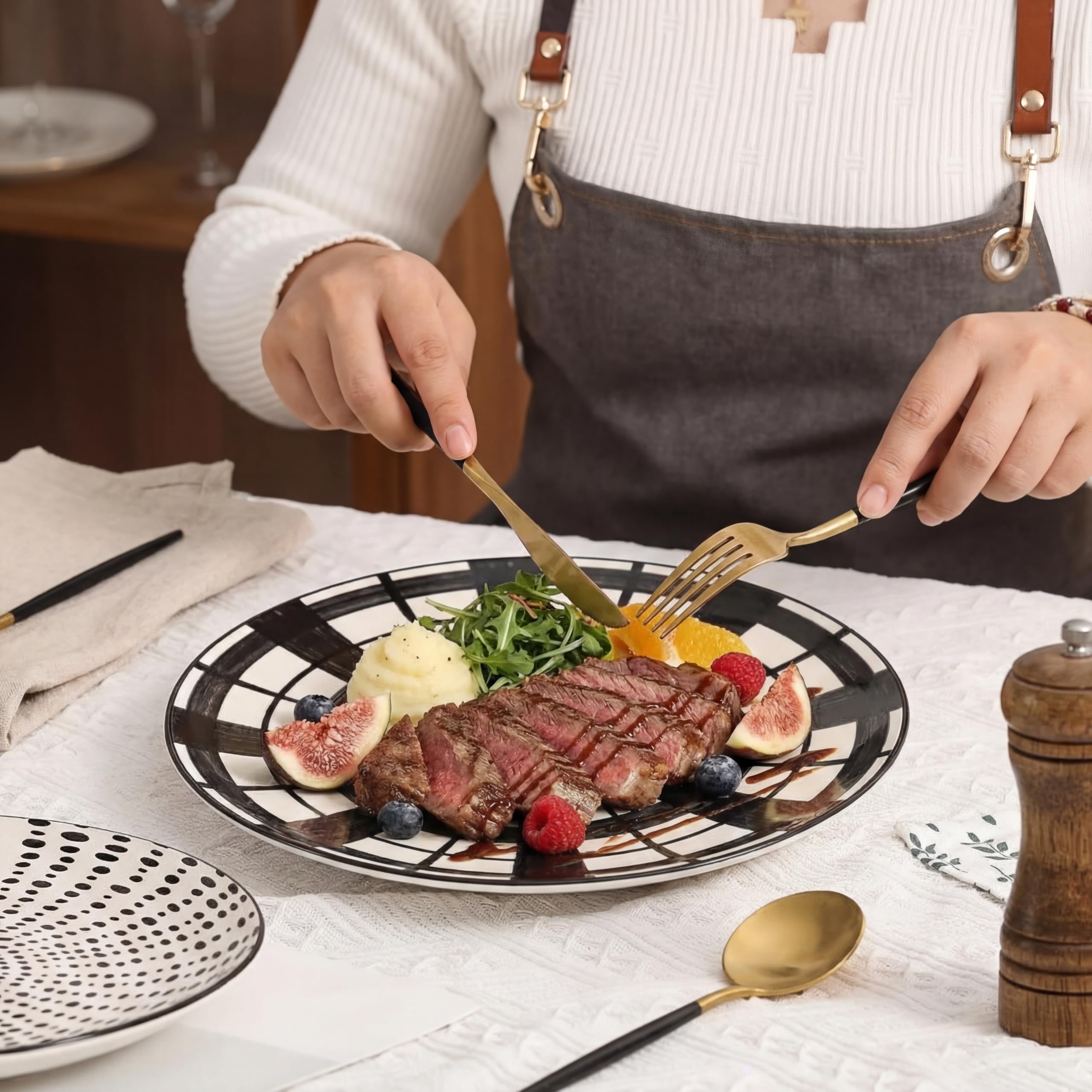 Teller Set Speiseteller Essteller Porzellan - Tellerset Groß 25 cm - Flache Keramik Teller Schwarz und Weiß - 6 Teilig Große Runde Hauptspeisenteller mit Muster - Mikrowellen und Spülmaschinenfest
