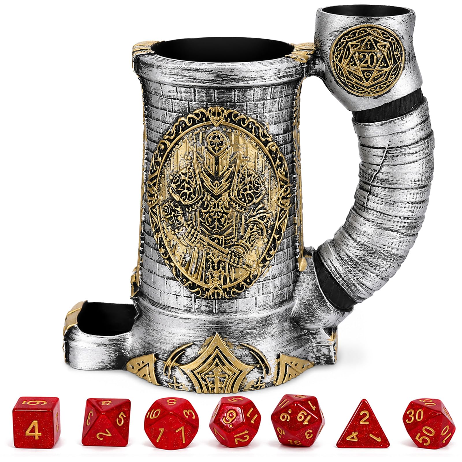 Tasse tour de dés, livrée avec un ensemble de 7 dés, convient pour les donjons et dragons DND, les jeux de table, disponible comme support de boisson, cadeaux D&D, accessoires DND (armure gris-doré)