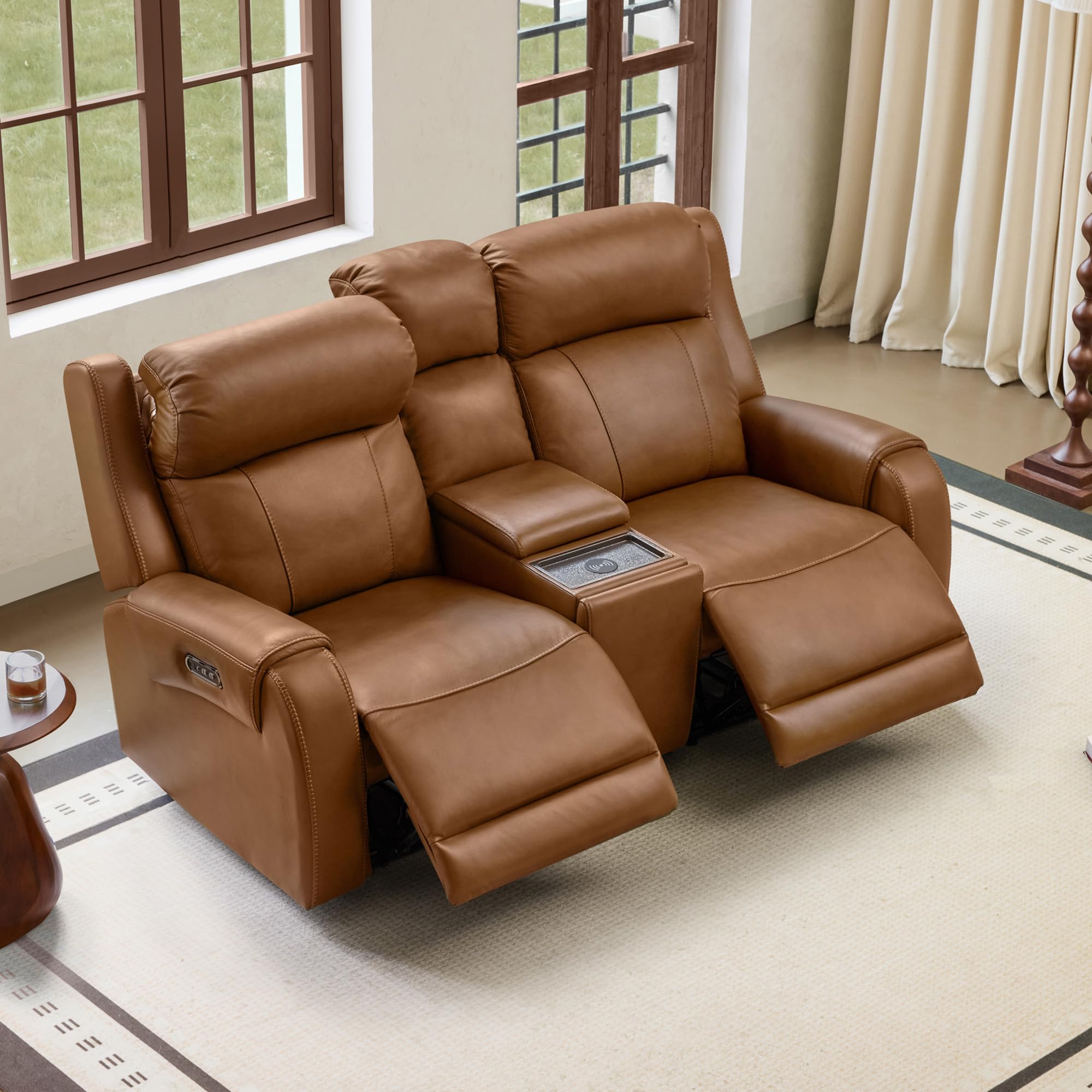 CHITA Genuine Leather Power Recliner Sofa, Loveseat with Console, Saddle