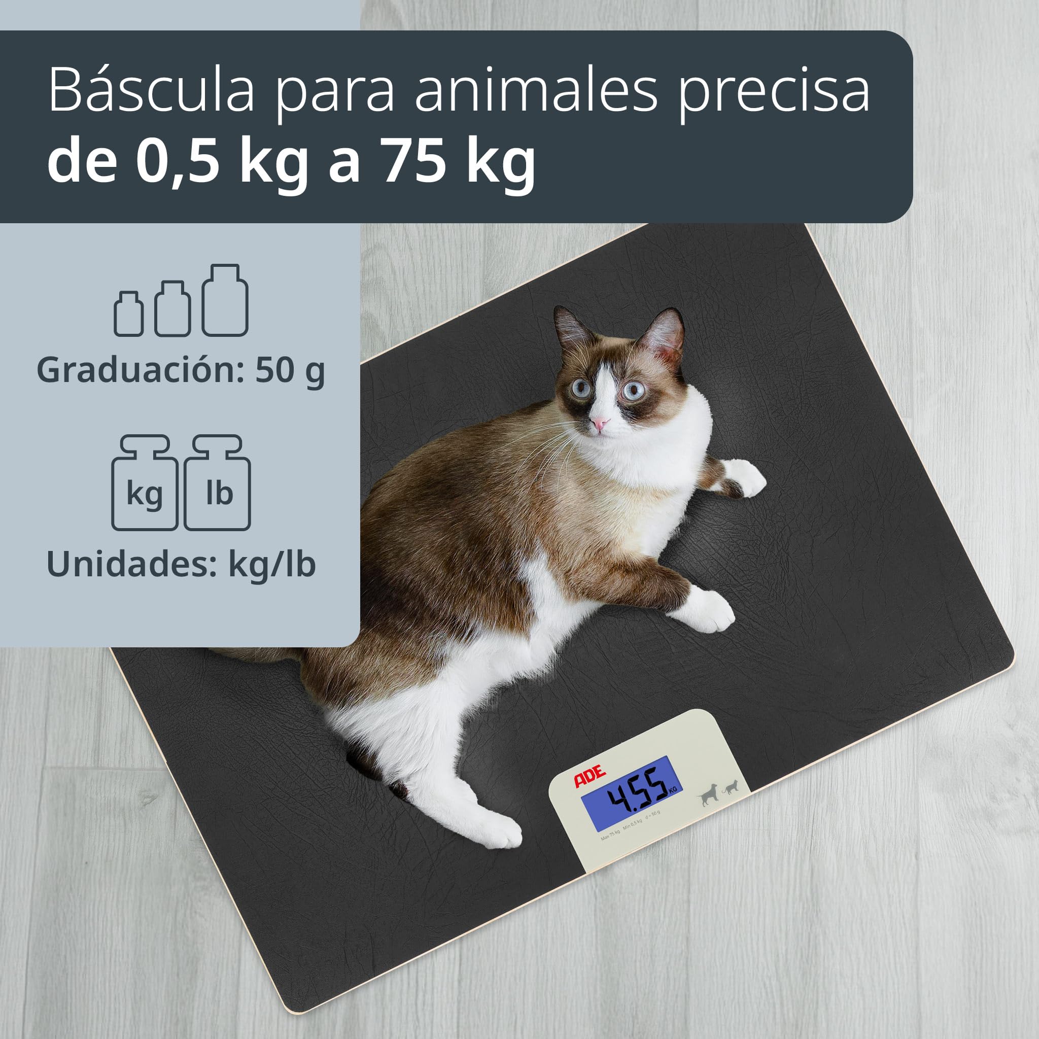 ADE Báscula digital para animales de hasta 75 kg | Báscula para perros con pasos de 50 g | para mascotas pequeñas y medianas | superficie amigable con las patas | también como báscula para gatos y