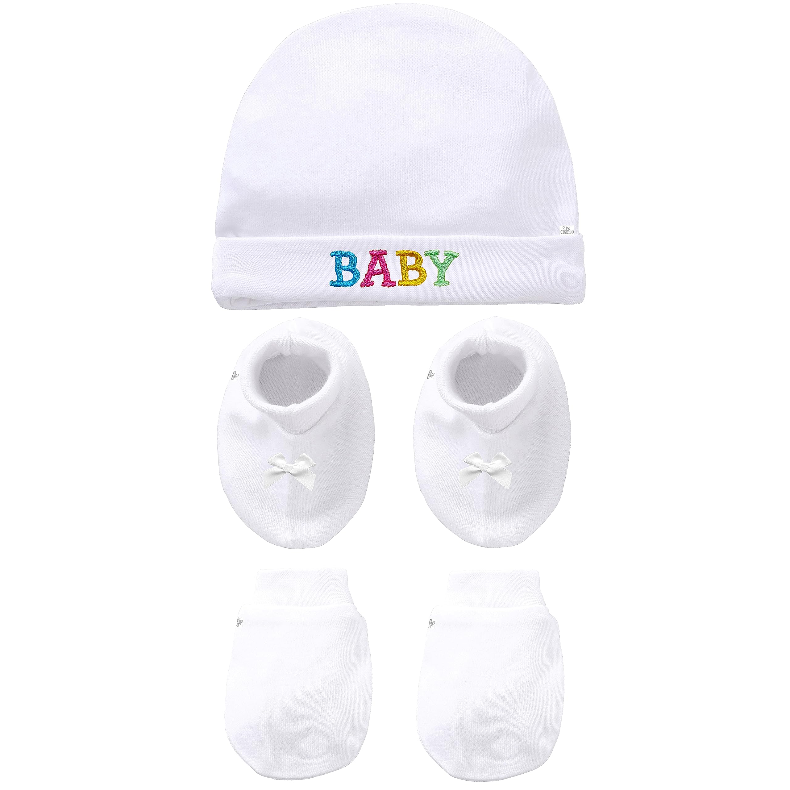 KidbeeBaby Girls & Baby Boys Cotton Booties Mittens and Caps Combo for New Born Babies (0-6 Months)