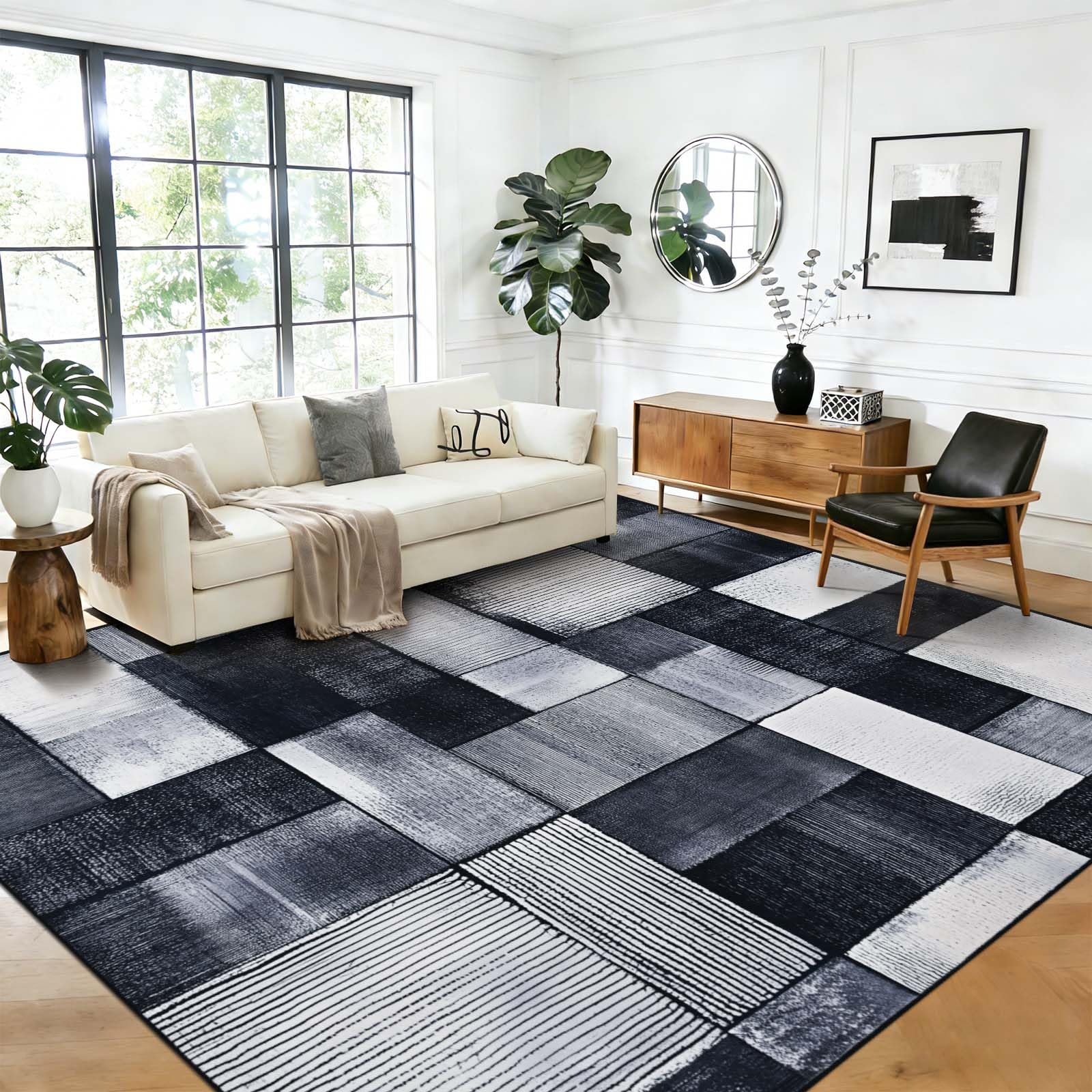 Alishomtll Teppich Wohnzimmer Schwarz Grau, Modern Kariert Läufer 200x280cm