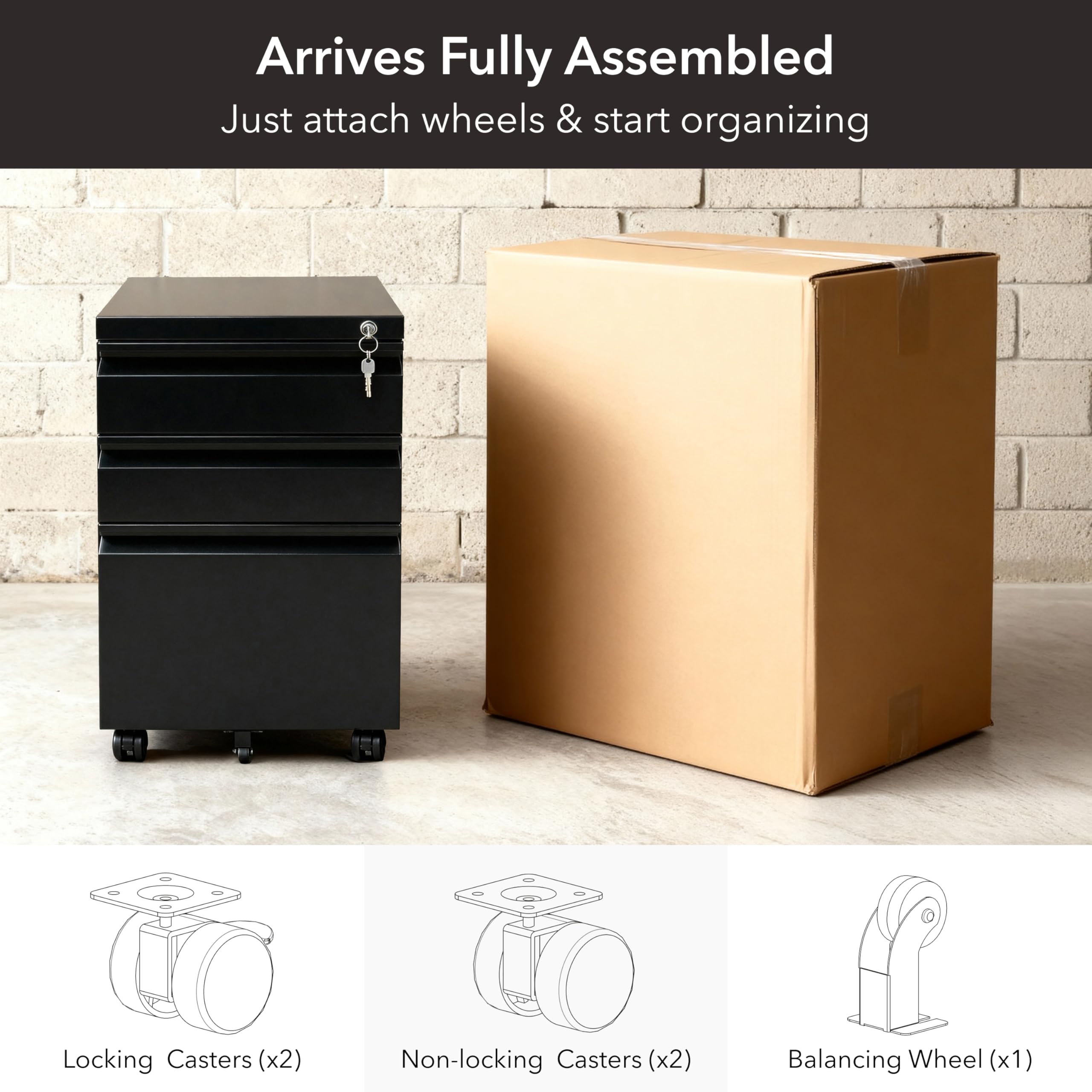 Mount-It 3 Drawer File Cabinet with Lock and Wheels Heavy-Duty Steel Rolling Drawer Cabinet Fully Assembled Under Desk — view 8