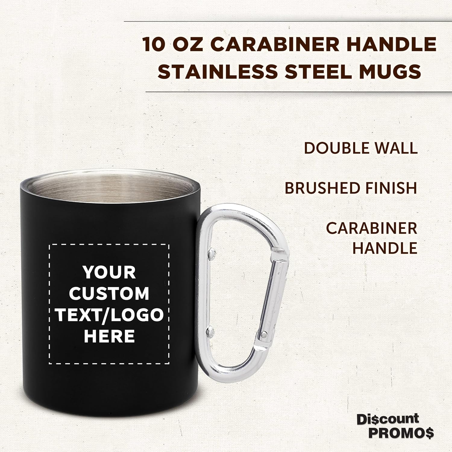 Custom Stainless Steel Mugs with Carabiner Handle 10 oz. Set of 10/50/100, Personalized Bulk Pack - Perfect for Coffee, Soda, Other Hot & Cold Beverages - Black