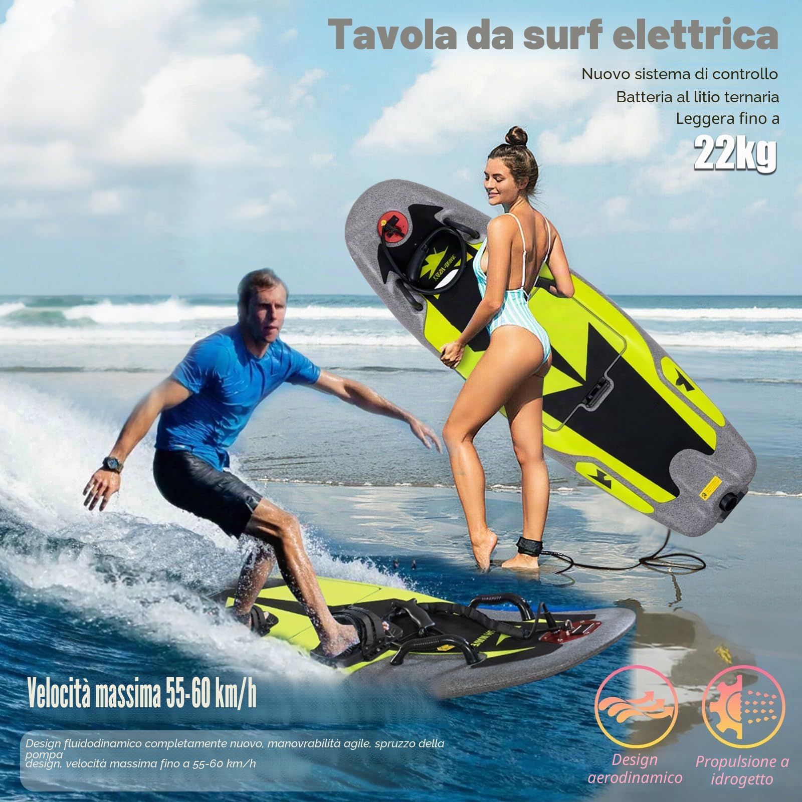 Tavola da surf elettrica ad alta velocità 12/15 KW, velocità 55/60 km/h, autonomia 50–100/60–120 min, impermeabile IP67, modello idrofilo professionale