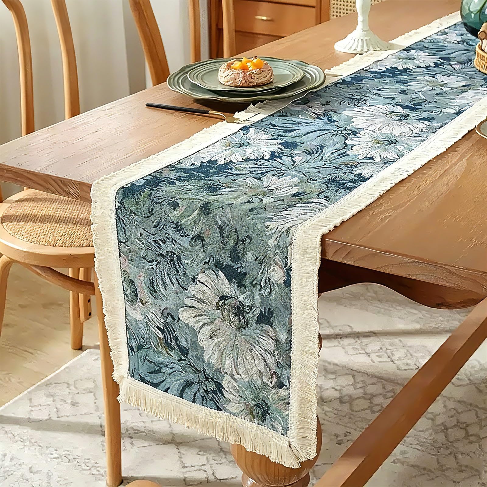 Hand-Woven Tassel Table Runner, Thickened Cotton-Linen Blend Table Runner, Yarn-Dyed Jacquard, Suitable for Weddings, Birthdays,and Seasonal Home Decor(Blue,30x180cm/11.8x70.8in)
