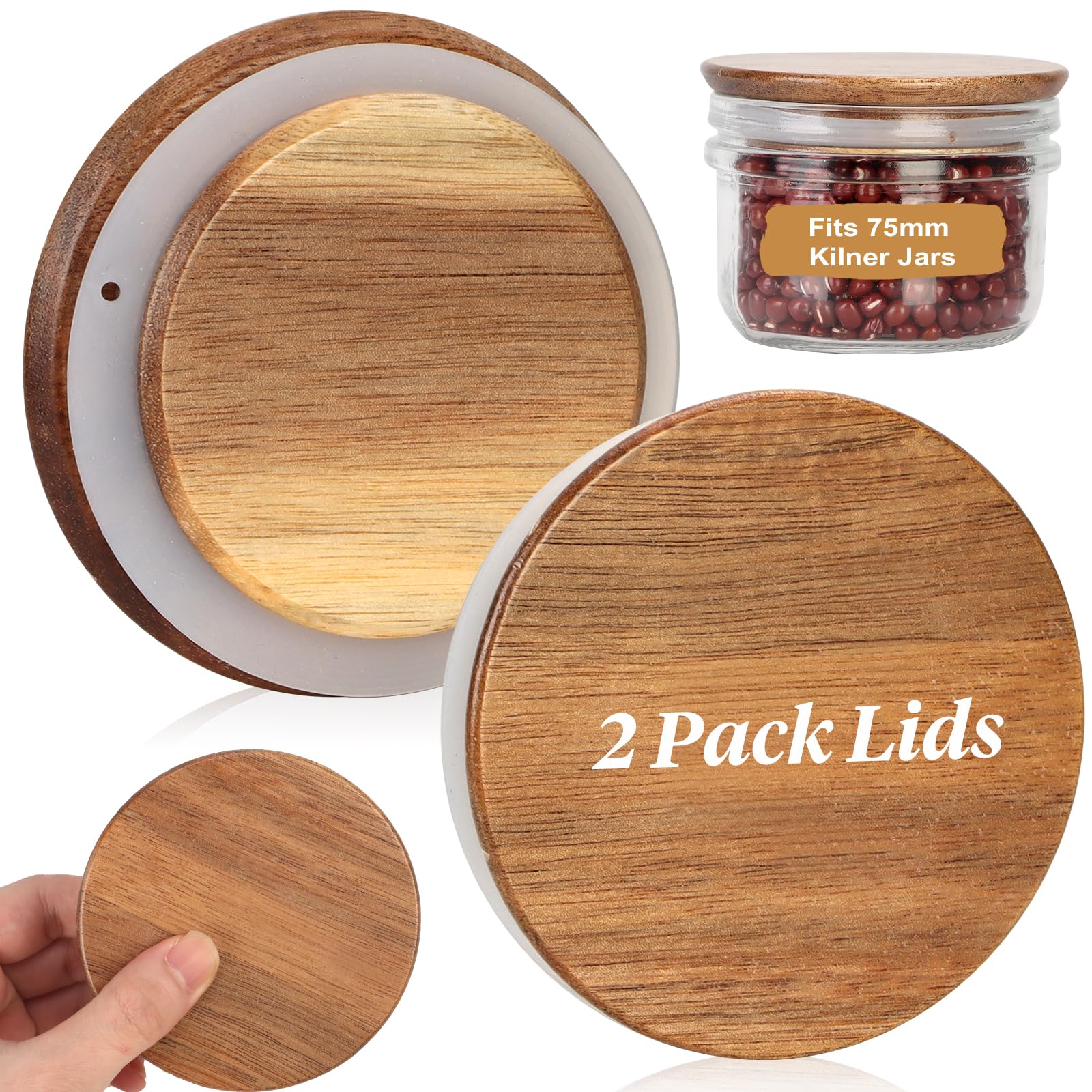2 Pcs Acacia Wood Lids for Kilner Clip Top Round Jar Wood Jar Lids with Silicone Sealing 7.5cm Replacement Lids Silicone Seals for 0.125L Kilner Preserving Jars Airtight and Leak Proof