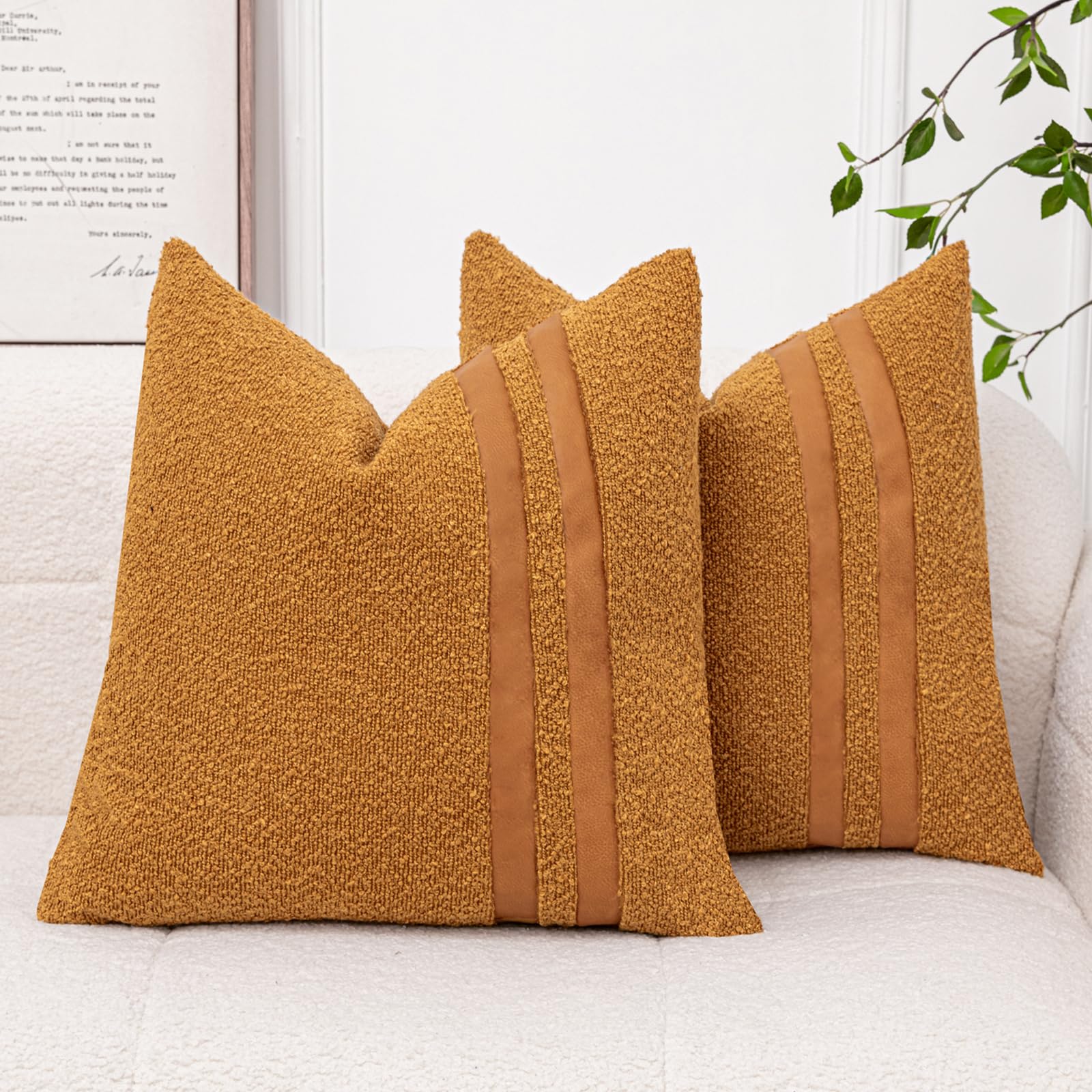 Vfuty 18x18 Textured Throw Pillow Covers Set of 2 Boucle Accent Pillow Cases with Faux Leather Striped Square