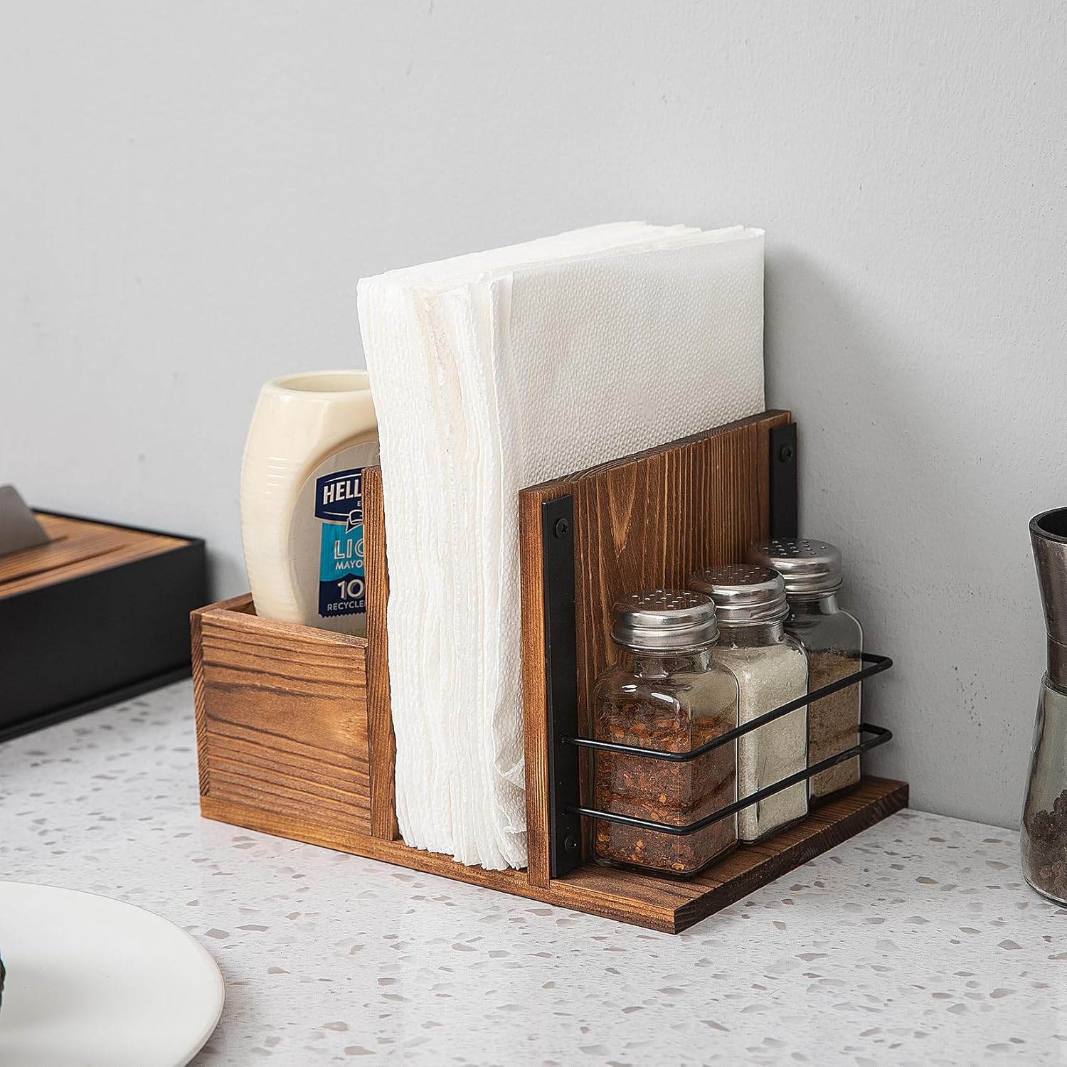 Rustic Burnt Wooden Kitchenware Organizer Napkin Utensil Spice Holders Table Seasoning Shakers Chalkboard Label Countertop Salt Pepper Caddy Wood Kitchen Dining Room Restaurant Café Home