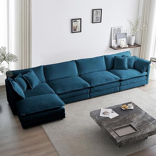 KIVENJAJA Sofá modular en forma de L de gran tamaño, sofá nube de felpilla de 4 plazas con otomanadiván y 6 almohadas para sala de estar, KIVENJAJA Sofá modular en forma de L de gran tamaño, sofá nube de felpilla de 4 plazas con otomanadiván y 6 almohadas para sala de estar,