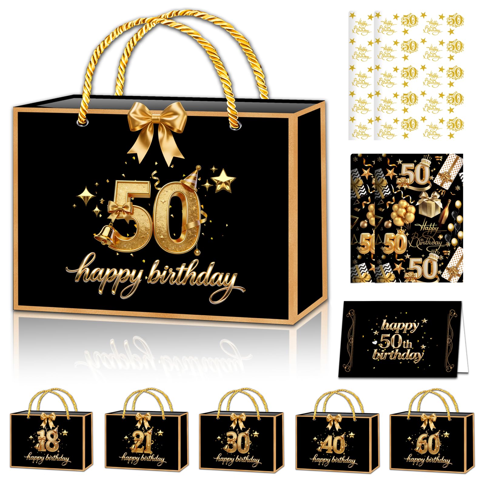 POPOYU Black Gold 50th Birthday Gift Bag with 50thBirthday Wrapping Paper and Birthday Card,Ribbon,50th Birthday Wrapping Paper for Women,Tissue Paper Sheets for BirthdayGifts Wrapping,DIY Art Crafts