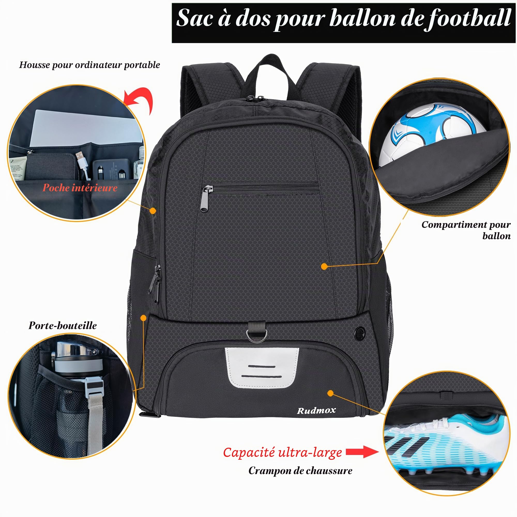 Sac à Dos pour Ballon de Football, Basketball, Football, Volley-Ball, Sac de Sport avec Crampons séparés et Compartiment pour Ballon et Pochette intérieure pour Ordinateur