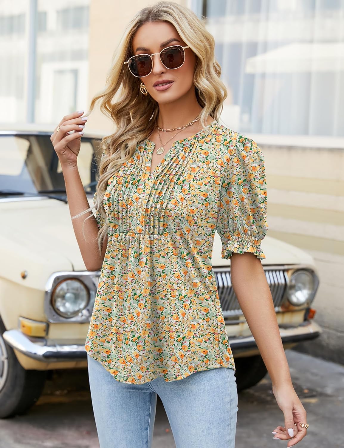 Ivicoer Women's Summer Puff Short/Long Sleeve Tops V Neck Pleated Shirts Floral Tunic Blouses Dressy Casual S-XXL - Image 2