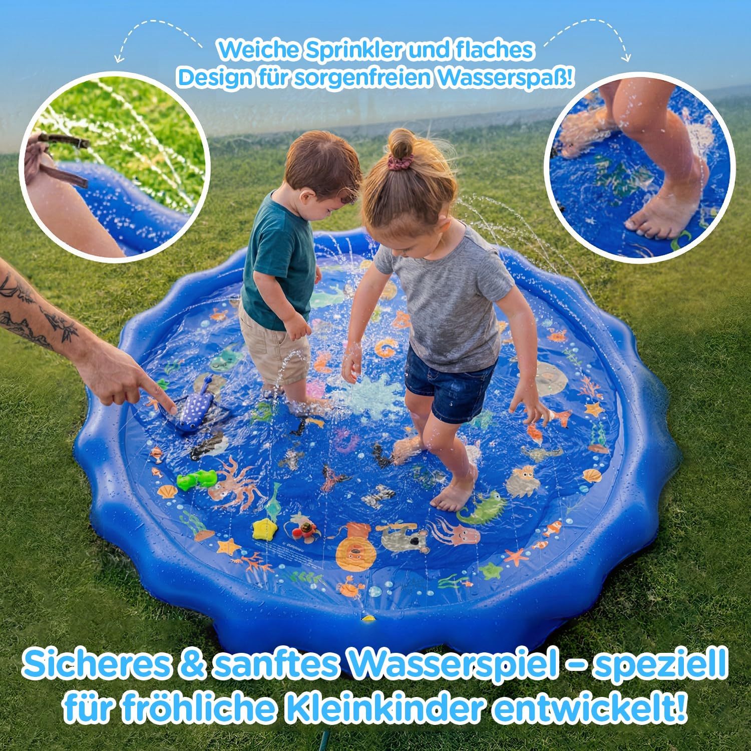 KiddoSpace Splash Pad – rutschfeste Wassermatte mit Lerndesigns, ideal für draußen im Sommer, inkl. Lernkarten, BPA-frei, perfekt für Kleinkinder & Kinder.