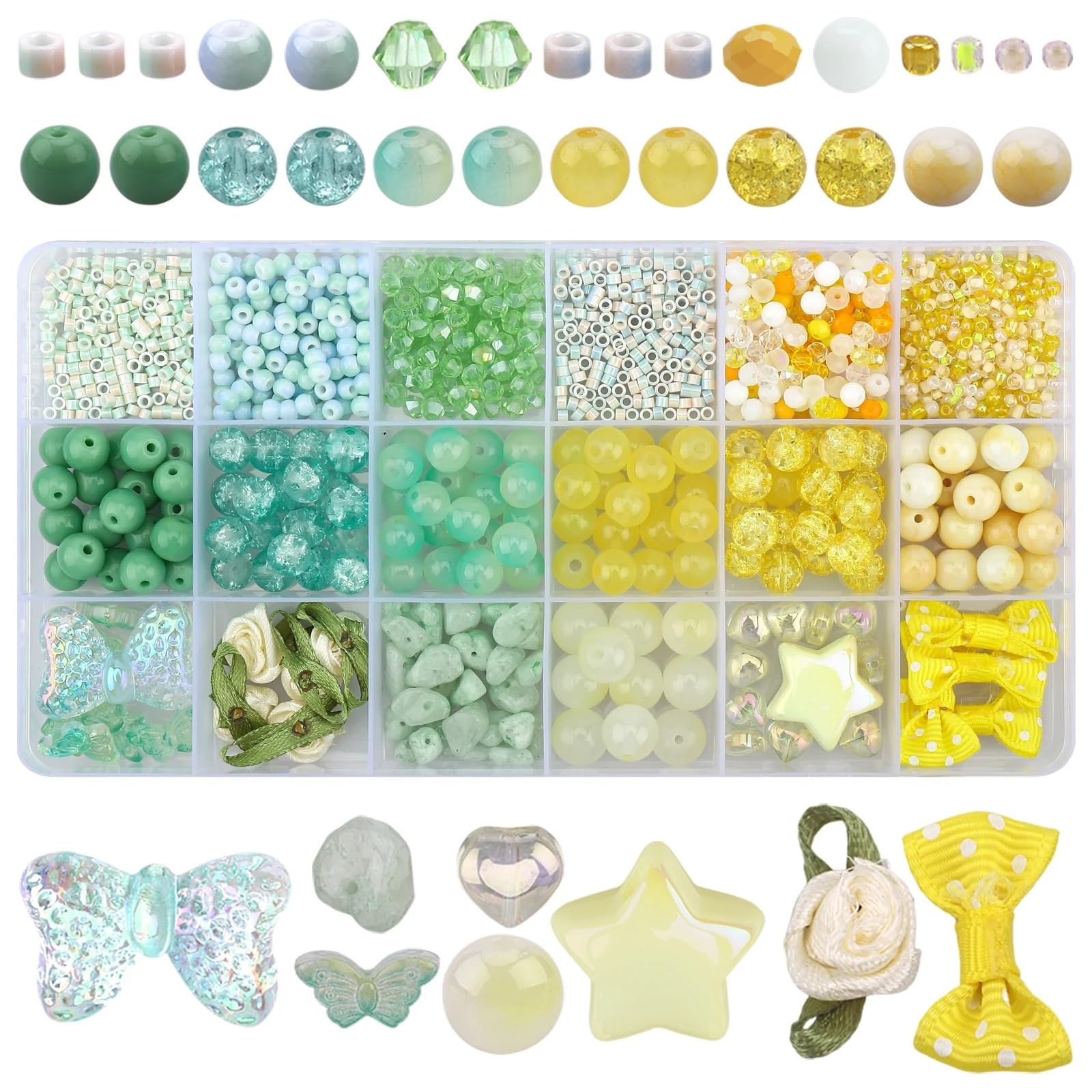 Cuentas de cristal esmerilado, 2 cajas de cuentas de vidrio para hacer joyas, pulsera de cristal, cuentas de resina, cuentas de semillas, suministros de cuentas, aretes y collar (02HuangLv)