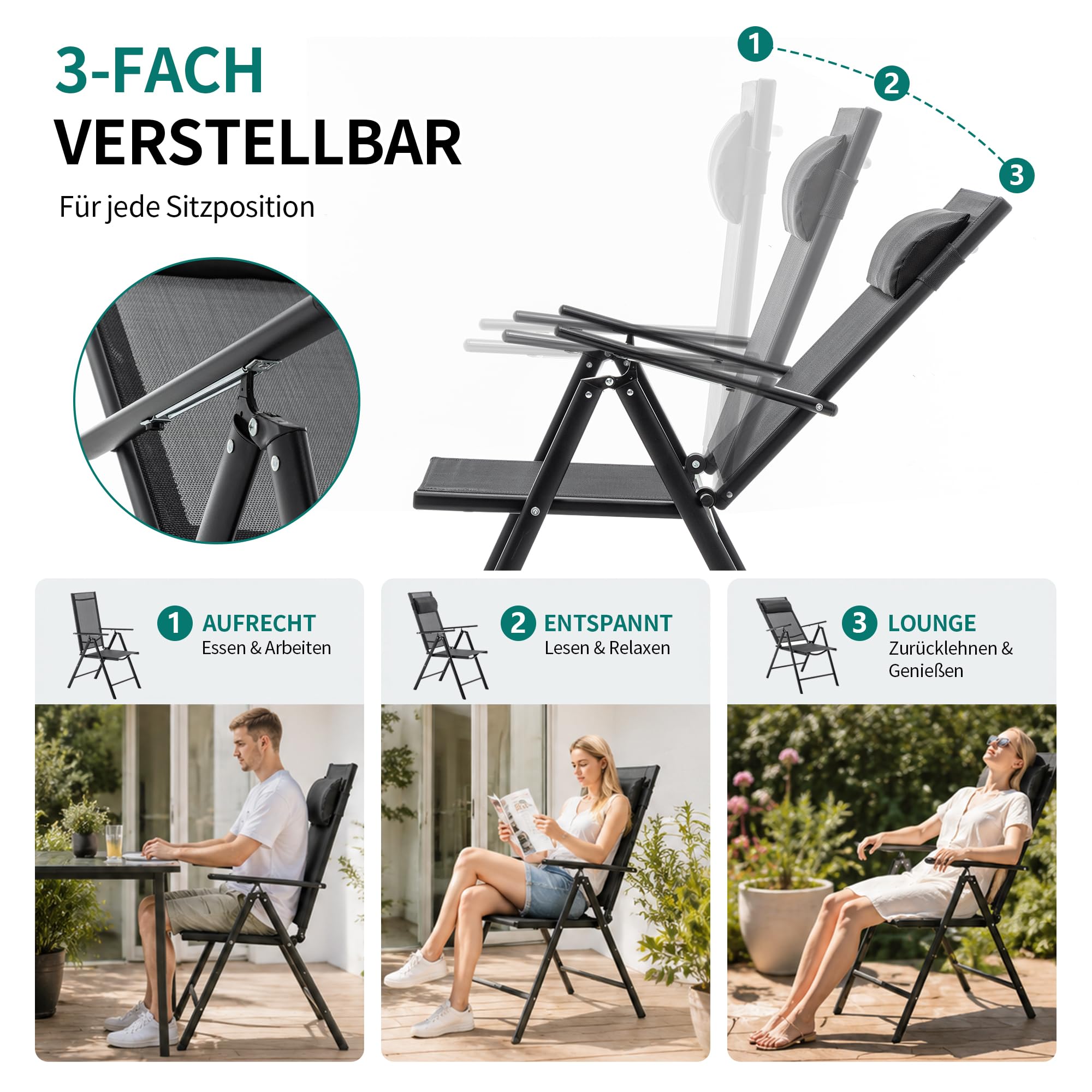 Thanaddo Gartenstuhl Hochlehner 2er Set Klappbar Gartenstühle mit Kopfkisssen, 130 KG Belastbar, Metall Campingstuhl Balkonstuhl Wetterfest für Garten, Terrasse, Balkon und Camping, Schwarz