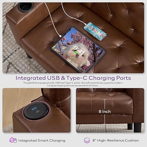Miniatura 7 de TYBOATLE Sofá biplaza de cuero de 62 pulgadas de ancho con sillas, juegos de sofá de 3 piezas para sala de estar con 2 puertos de carga USB y 2
