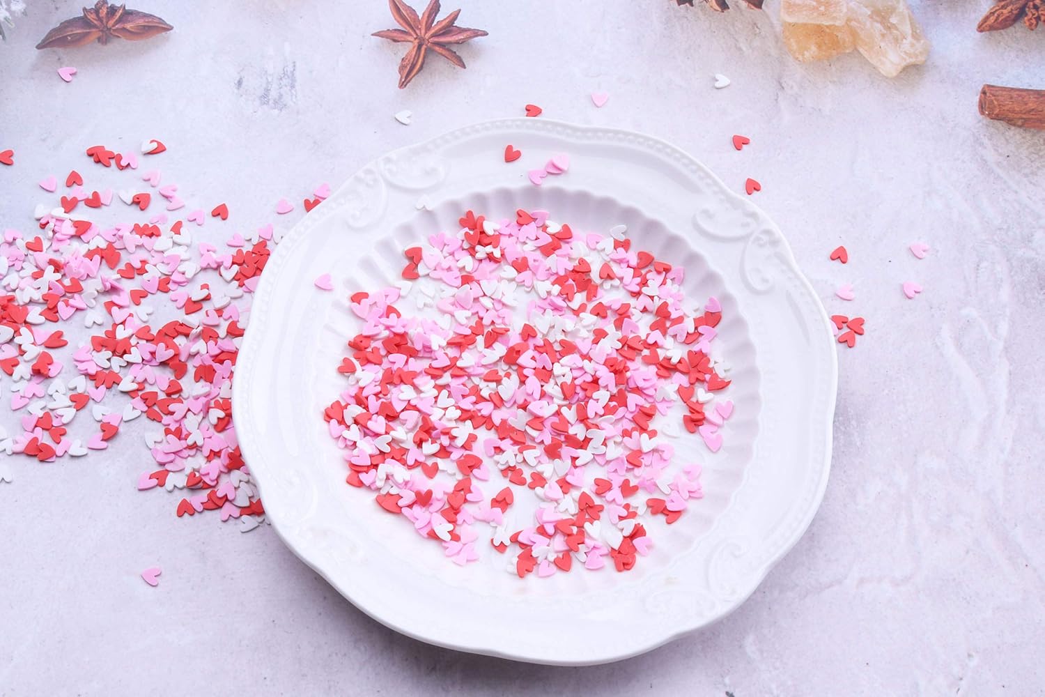 Sowaka 50g Resin Slime Fake Sprinkles Flatback Multi Color Round Tiny Clay Decoration for Charm Filler Fake Candy Chocolate Cupcake Cake Dessert Décor Art Particle (Red - Heart)
