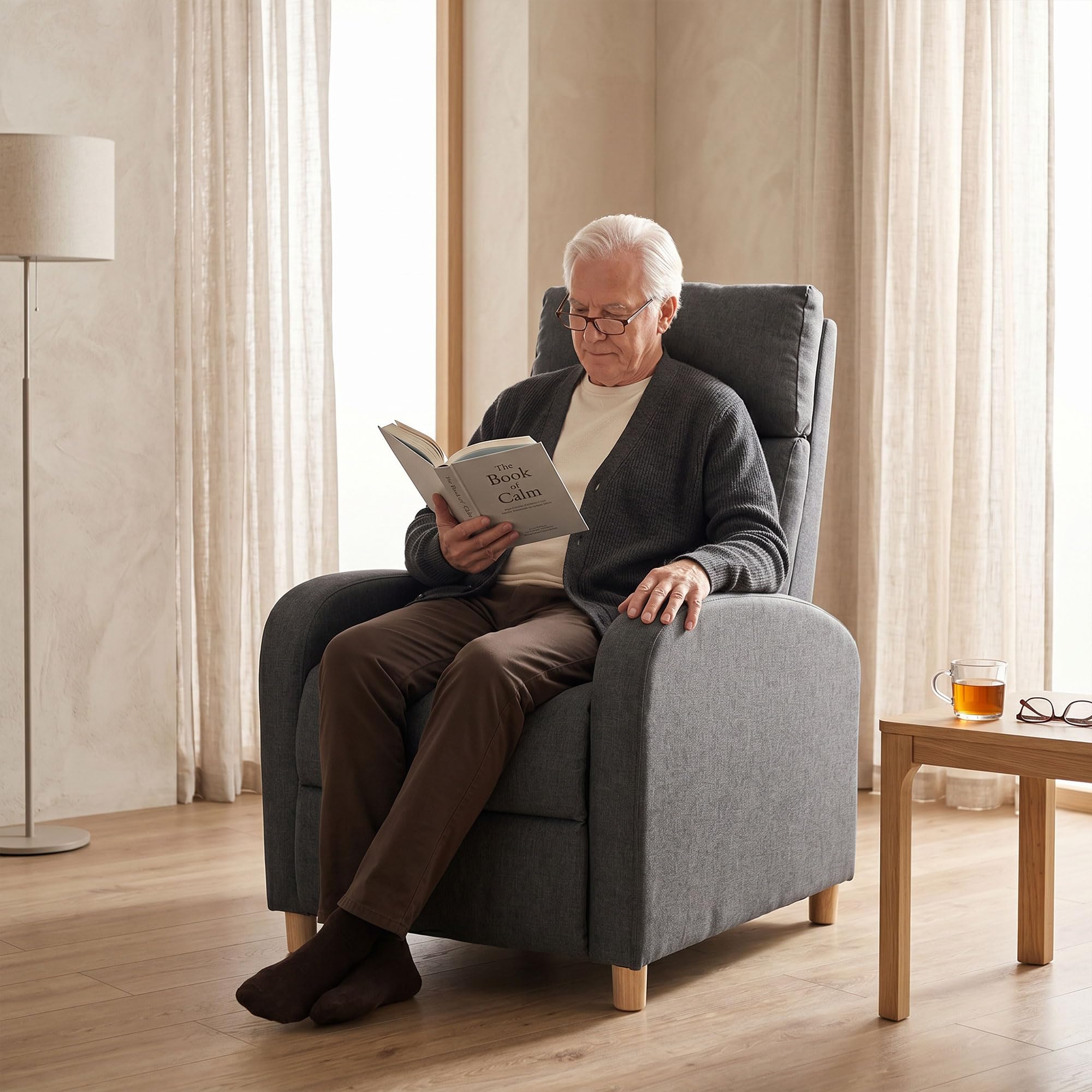HOMCOM Poltrona Relax Reclinabile Manuale 135° con Poggiapiedi Grigio Scuro | Poltrona Reclinabile Ergonomica, Imbottita in Tessuto Effetto Lino, Gambe in Legno, per Soggiorno e Camera, 67x87x102cm