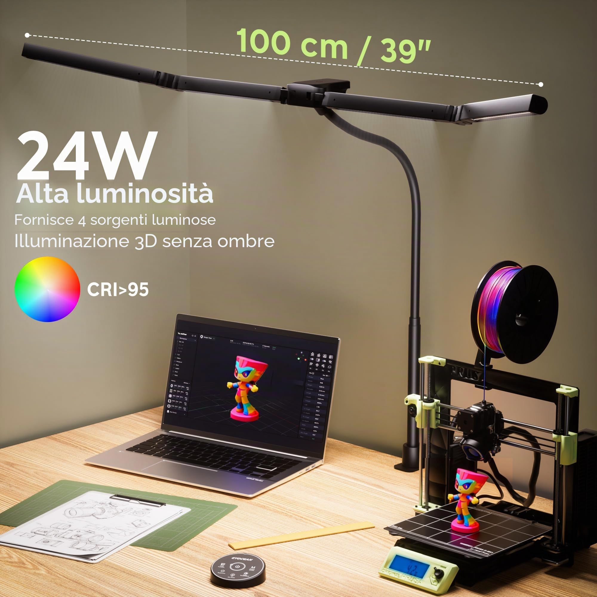 EYOCEAN, lampada da scrivania a 4 sorgenti luminose, 24 W, 100 cm, luce diurna con telecomando, lampada per display dimmerabile, lampada da scrivania a collo di cigno, lampada per ord