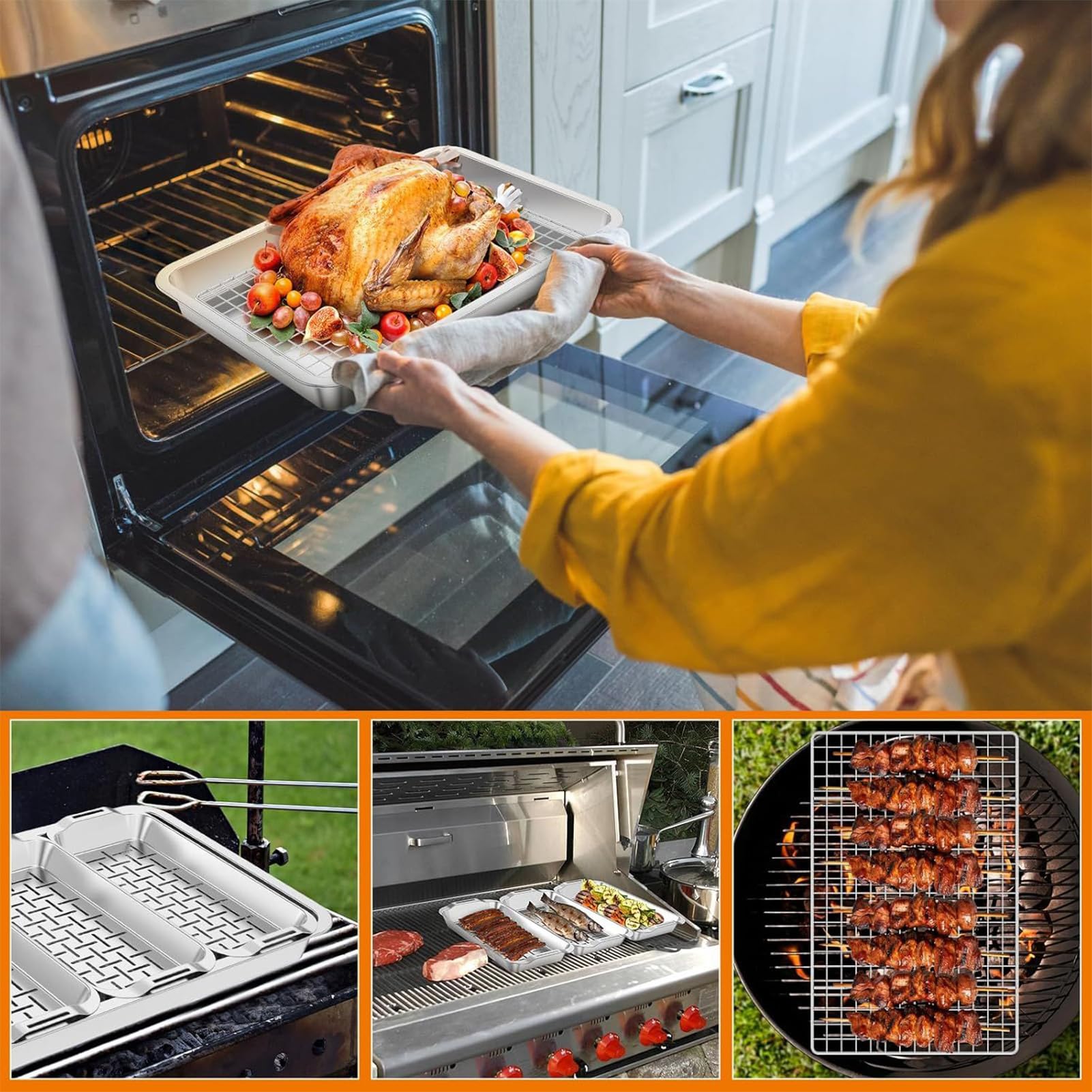 Trampki do grillowania - Kosz do ze stali nierdzewnej, prostokątna taca na gotowanie z bezpiecznym uchwytem, płaski spód z płytką ustną projekt, ryba mięso krimp pieprz uchwyt na Outdoor