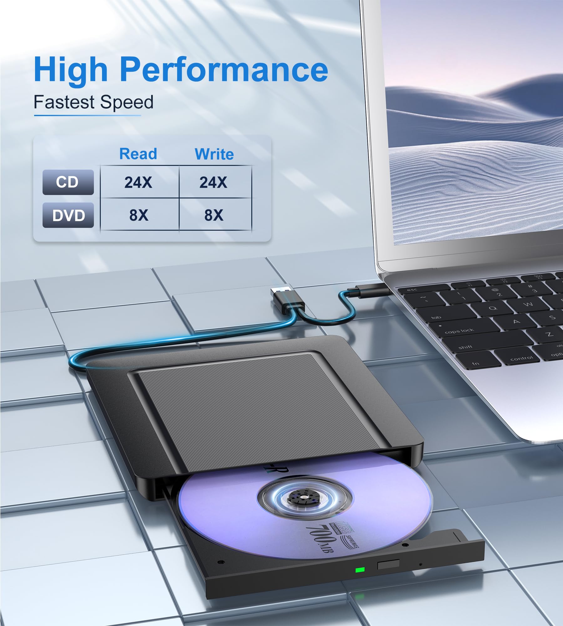 Zewnętrzny napęd CD DVD USB 3.0 USB-C CD DVD +/-RW ROM optyczny do laptopa MacBook Windows 11/10/8