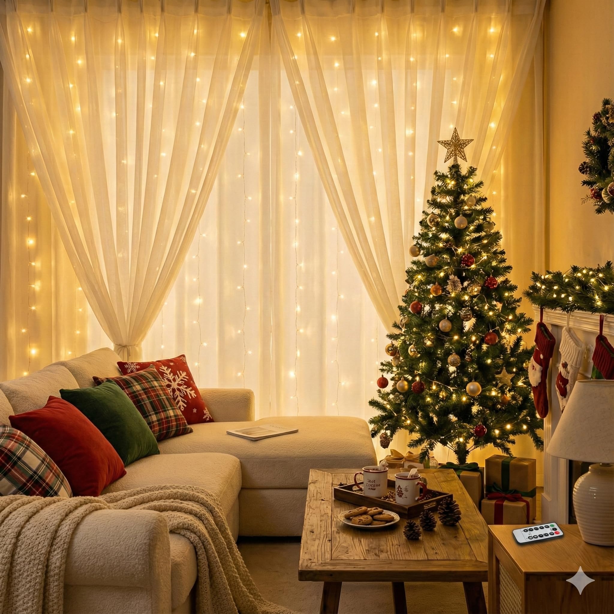A2Z 3m x 3m LED Window Curtain Lights with Remote USB Powered Fairy String Lights with 8 Modes Warm White and Multicolour Home Christmas Decorations for Bedroom Parties Weddings Warm White