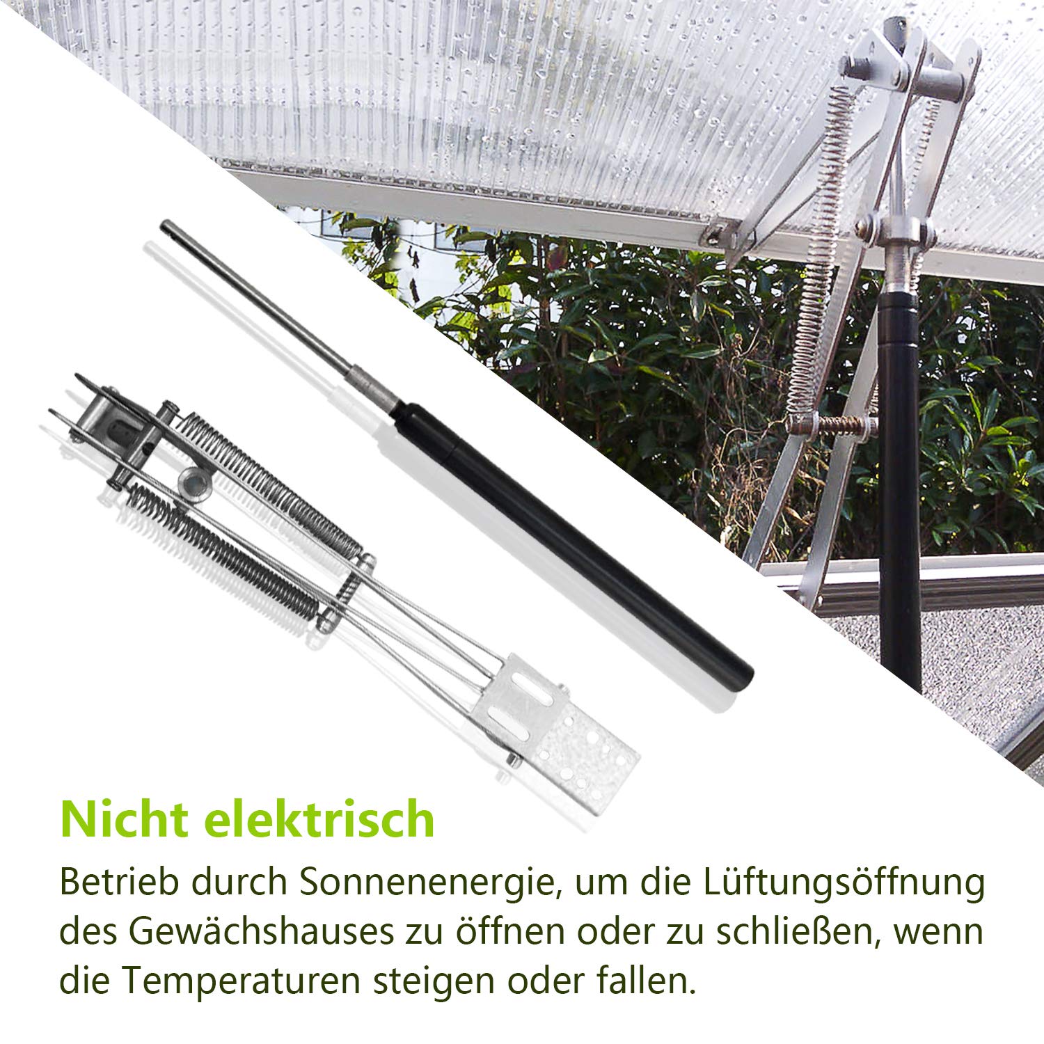 Jopassy 1x Automatischer Fensteröffner Gewächshaus, Hubkraft 14kg Doppelte Feder Automatischer Fensterheber, Öffnungshöhe 45cm Öffnen & Schließen Öffnungswinkel Fensterheber durch Temperatursteuerung