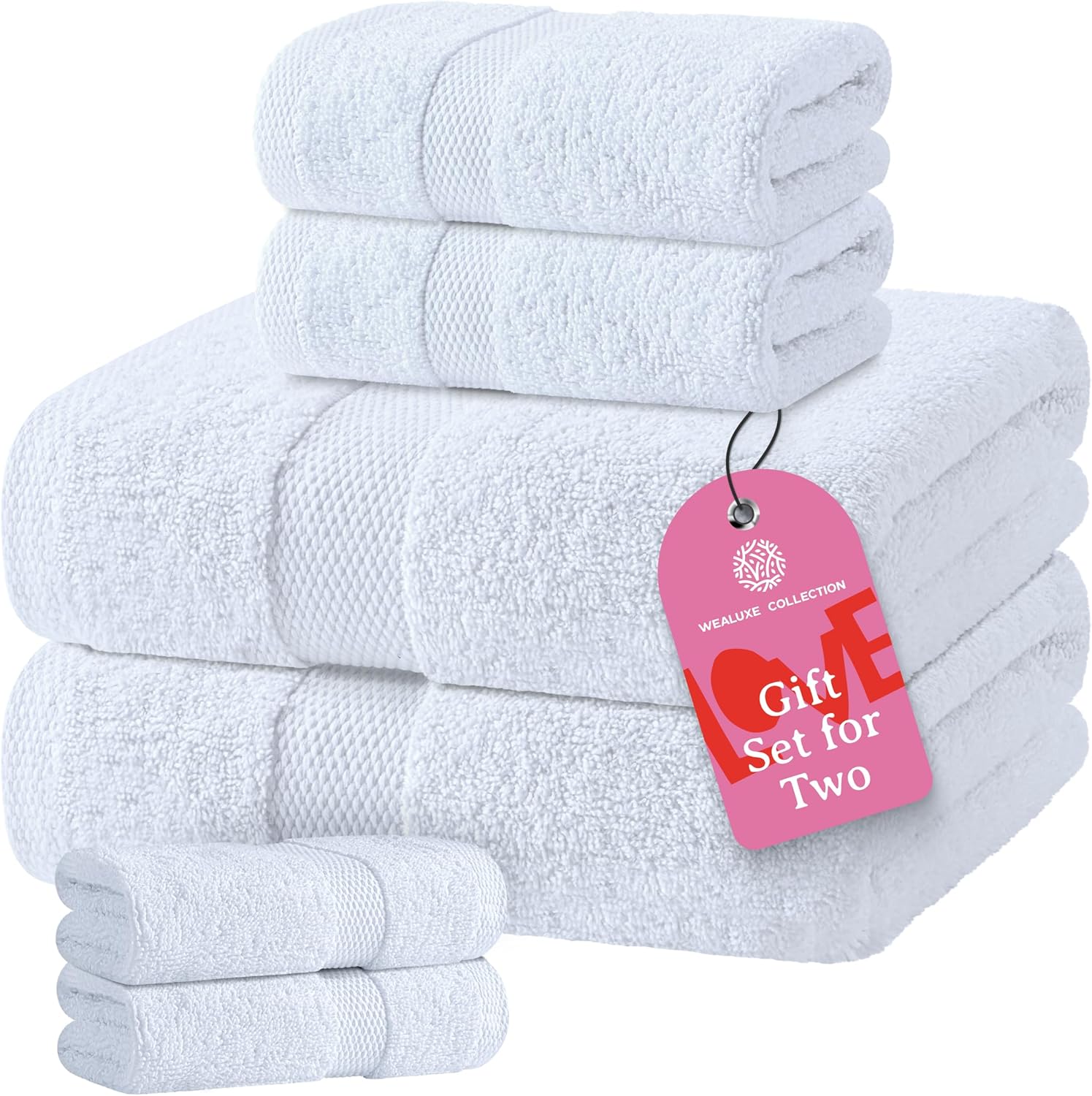 White Bath Towel Set of 6 - 100% Cotton Highly Absorbent Towels for Bathroom, 2 Luxury Bath Towels 650GSM, 2 Hand Towels, 2 Washcloths