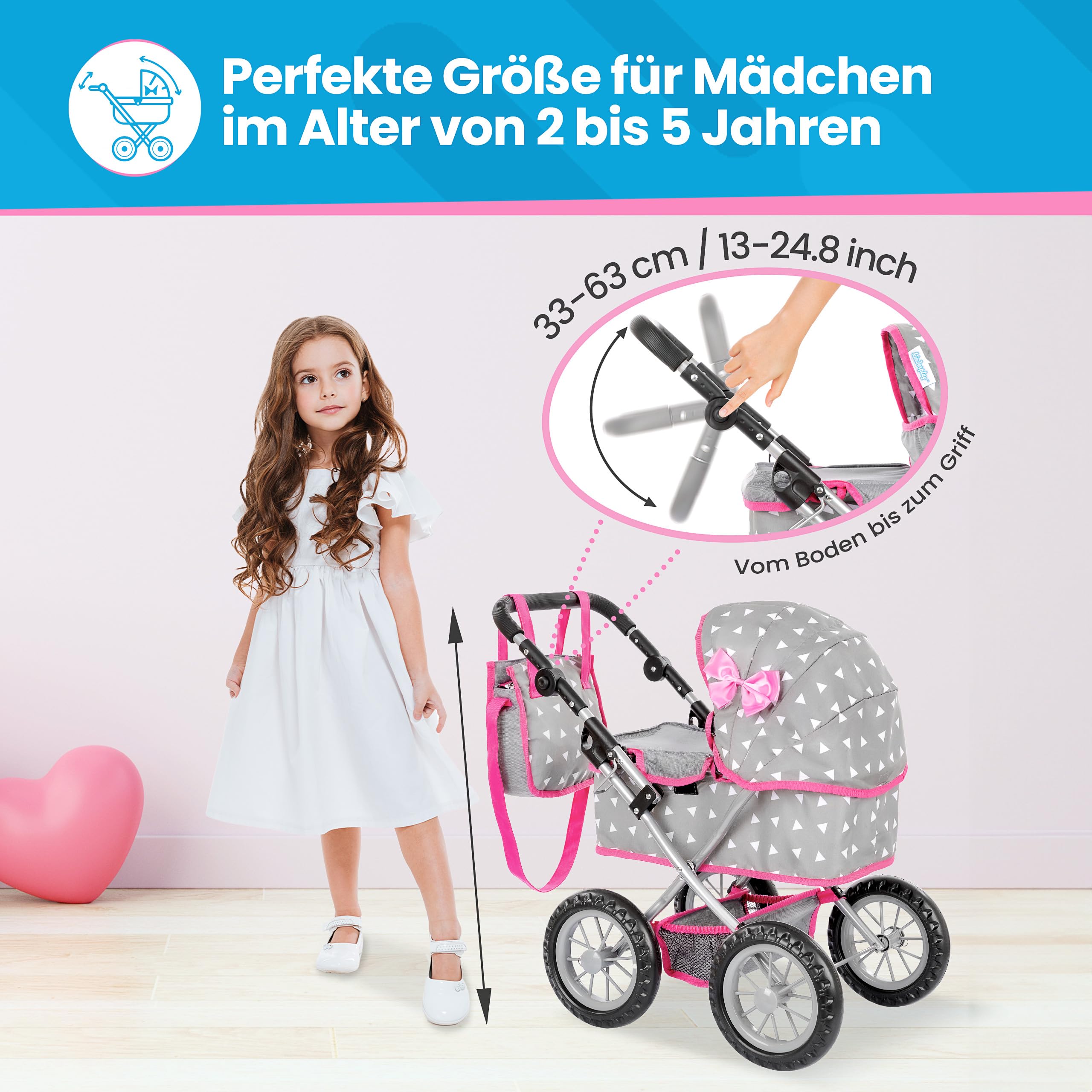 Kinderplay Puppenwagen mit großer Wanne – Höhenverstellbarer Griff 33–63 cm – Für Puppen bis 41 cm – Leichter Puppenbuggy für Kinder ab 3 Jahren – Leise Schaumräder