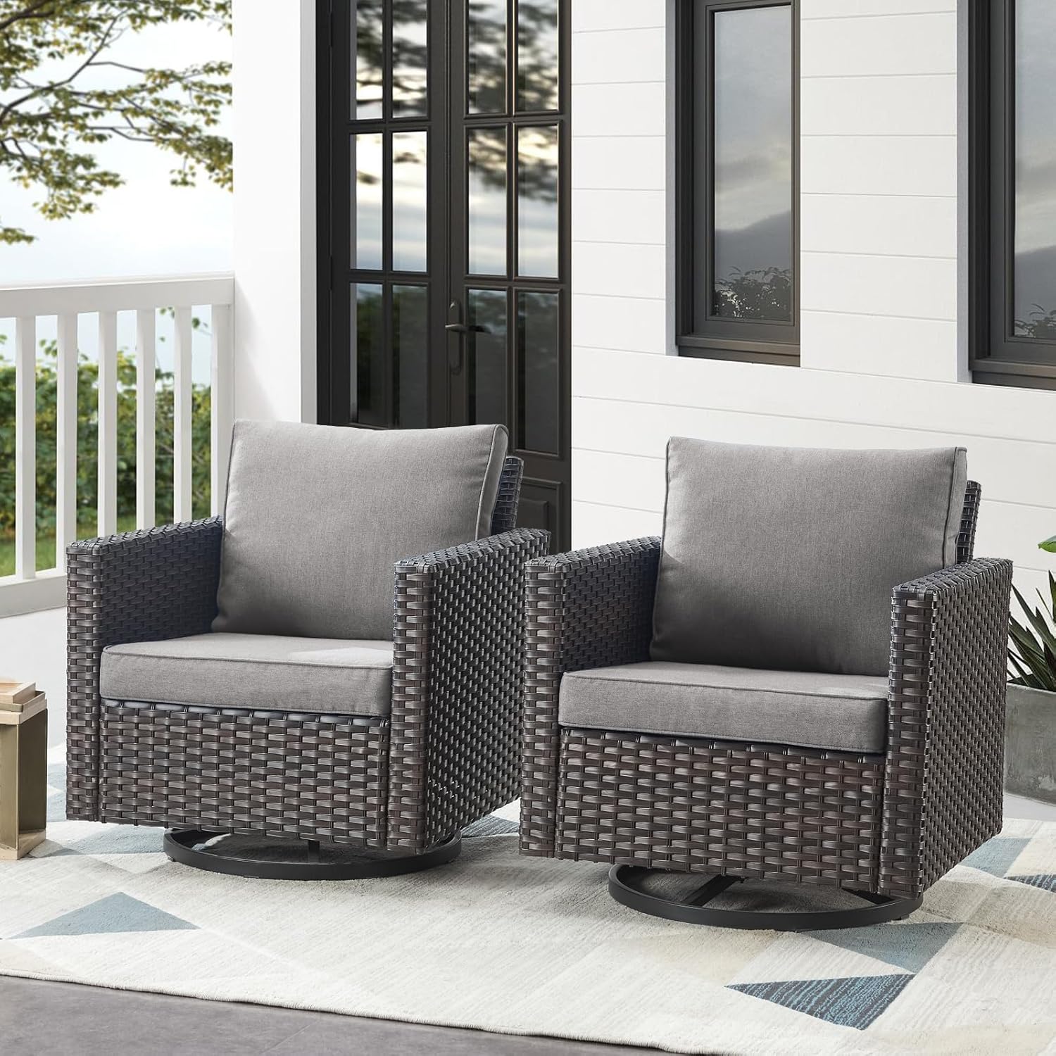 Patio Chairs Wicker Swivel Rocker - Oversize Patio Furniture Conversation Set Outdoor Swivel Glider 350LBS Max Load Outdoor Rocking Chairs with High Back for Porch Balcony Deck - Brown/Grey