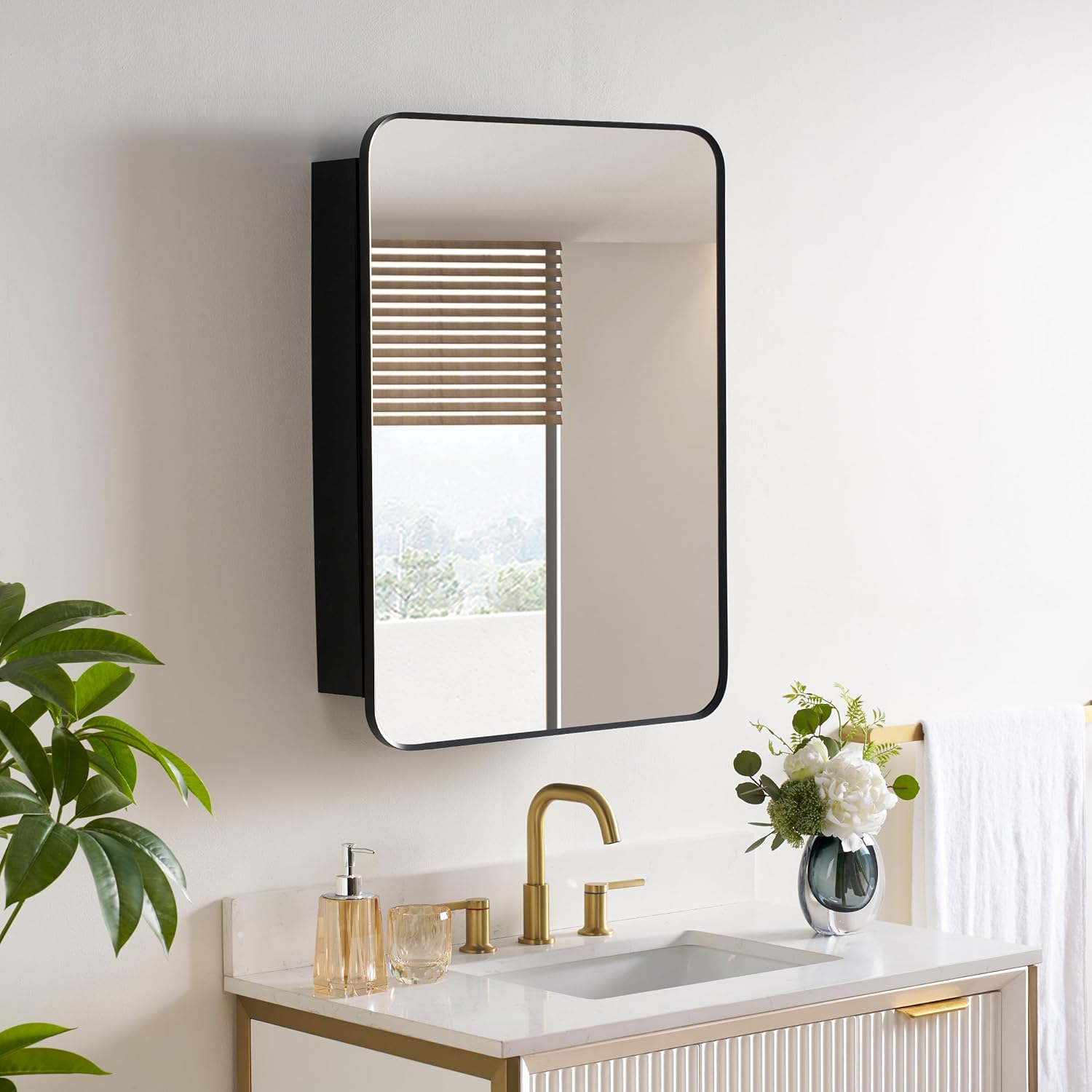 WELLFOR 24" x 32" Rectangle Medicine Cabinet Mirror, Surface Mount or Recessed Medicine Cabinet with Tempered Mirror, Black Metal Framed Wall Mirror Cabinet, Modern Bathroom Mirror with Storage