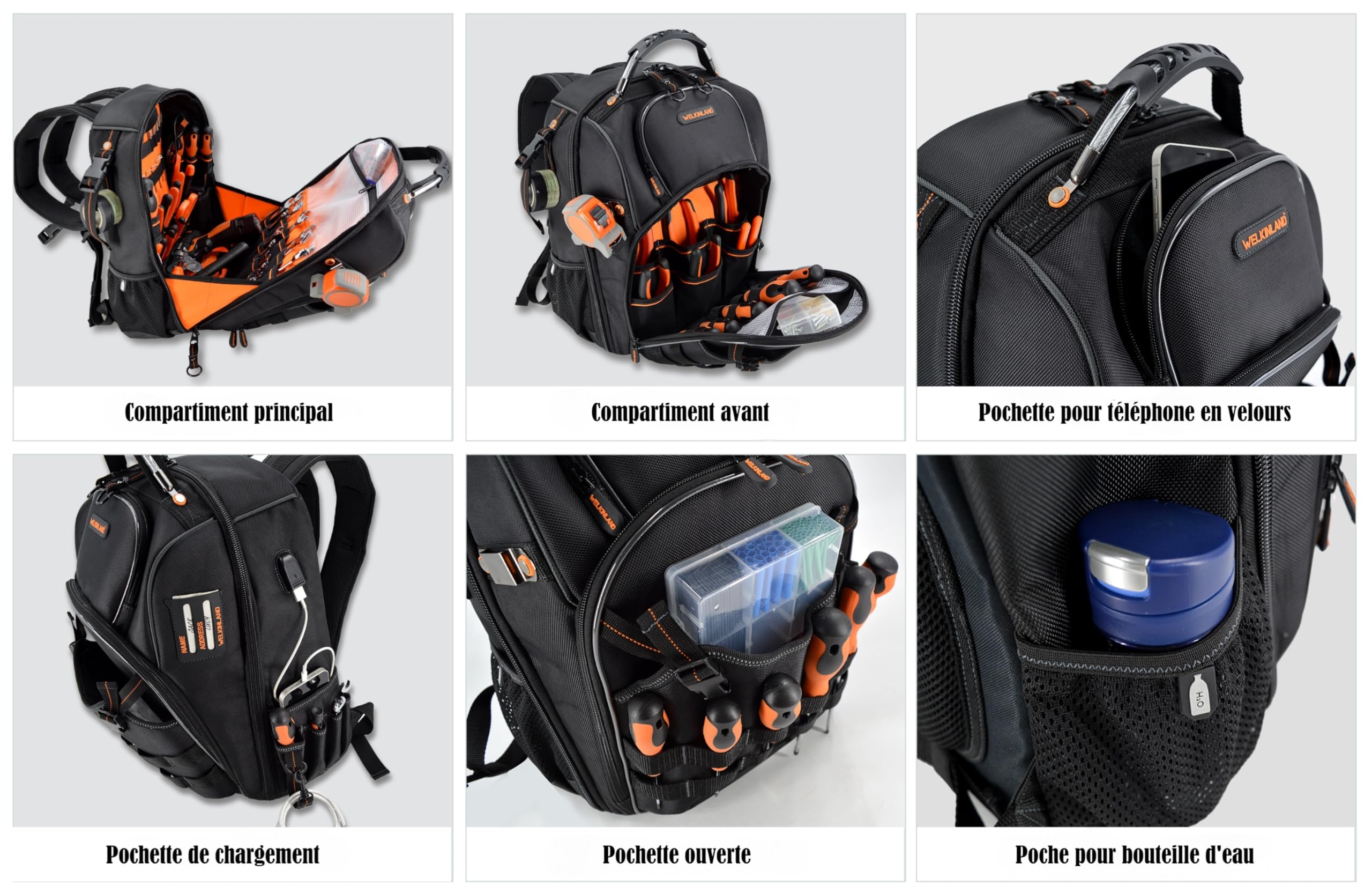 Sac à outils 66 poches, sac à dos robuste pour électriciens, construction, hommes